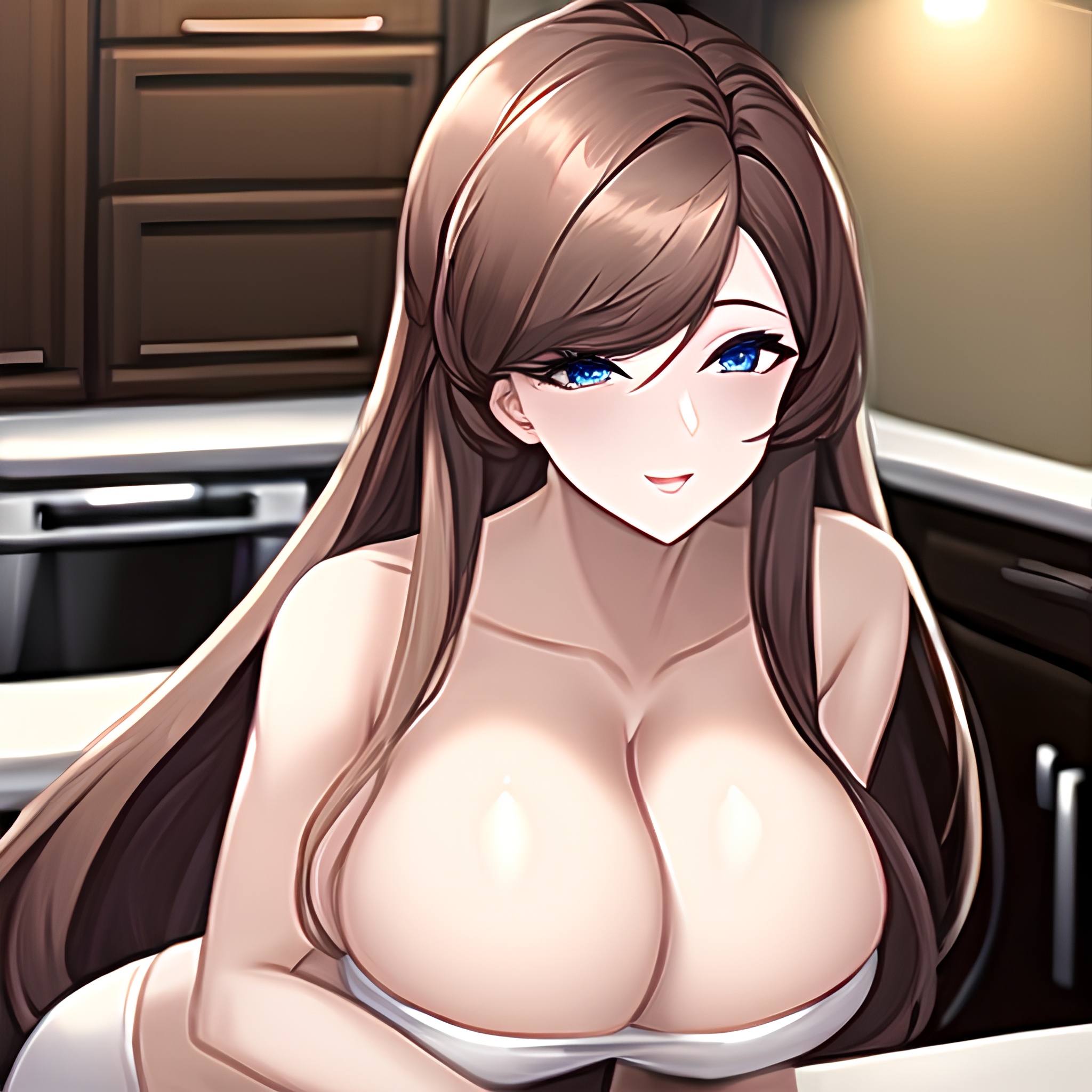 woman kitchen perfect boobs long hair nude front view 