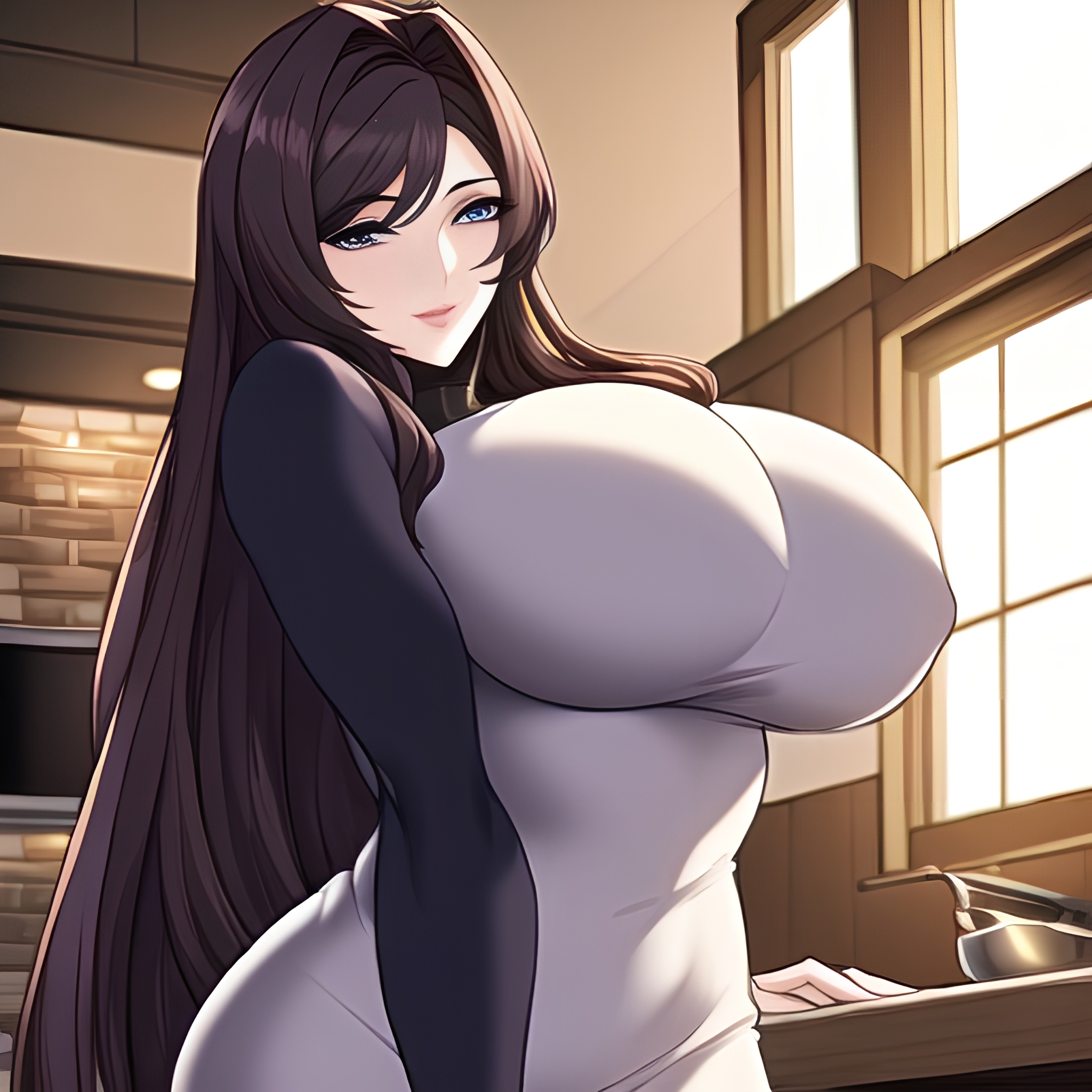 woman kitchen perfect boobs long hair nude front view 