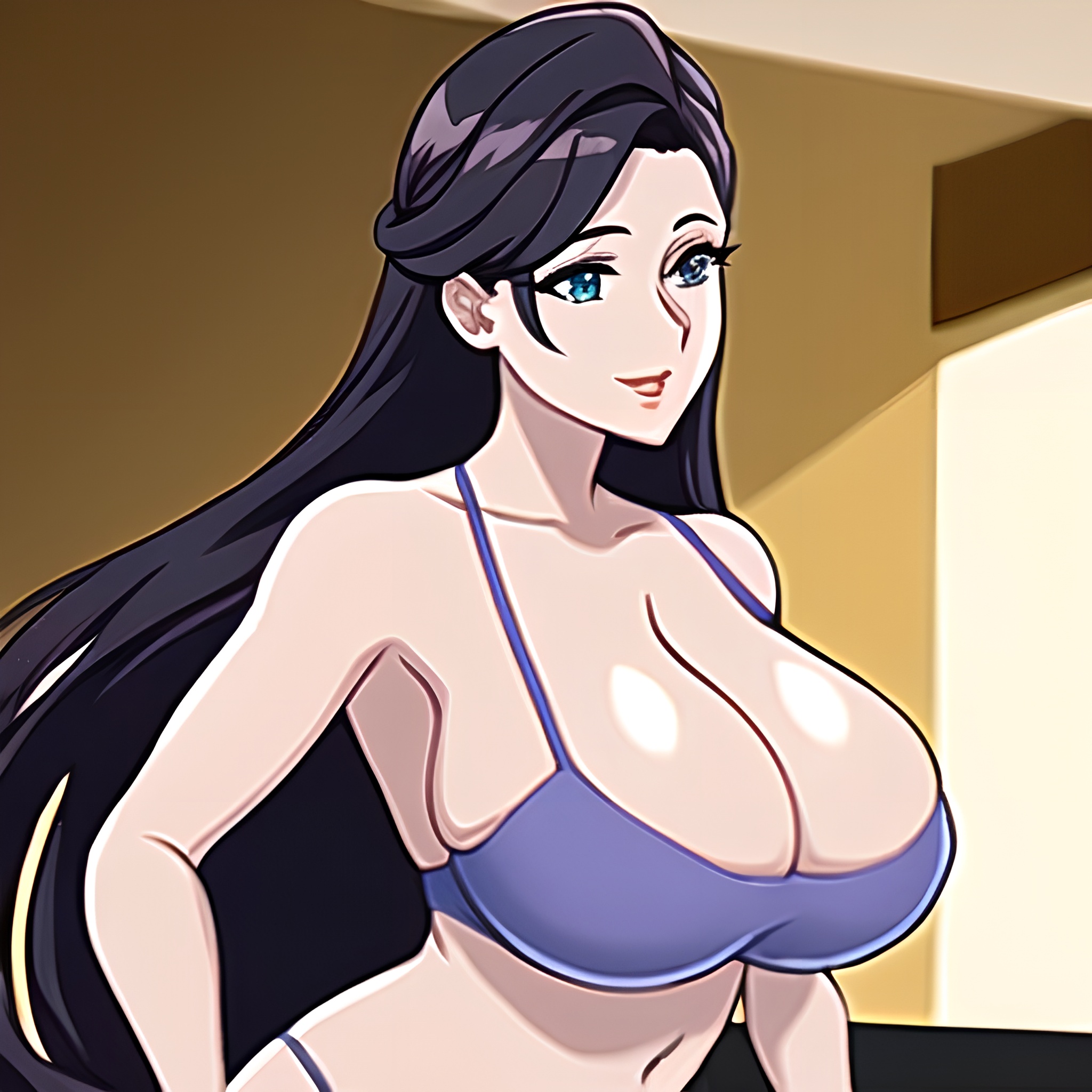 woman kitchen perfect boobs nude long hair front view 