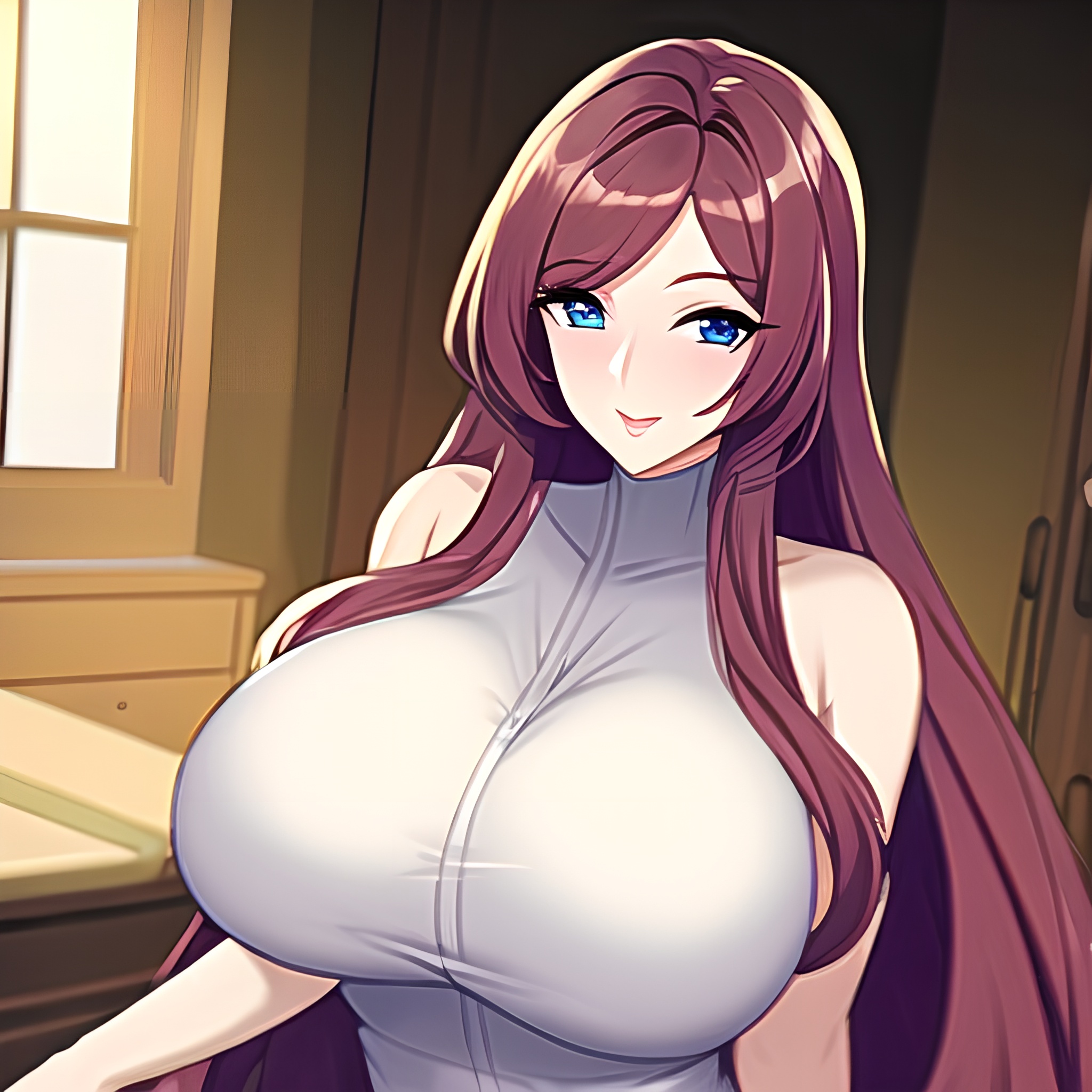 woman long hair front view perfect boobs kitchen nude 