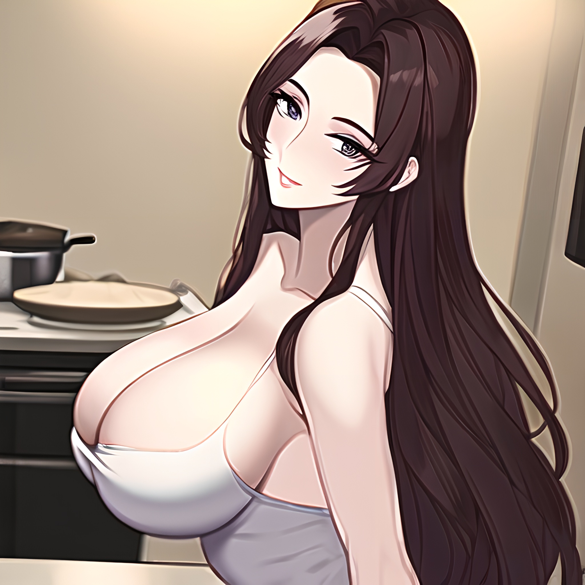 woman long hair front view perfect boobs kitchen nude 