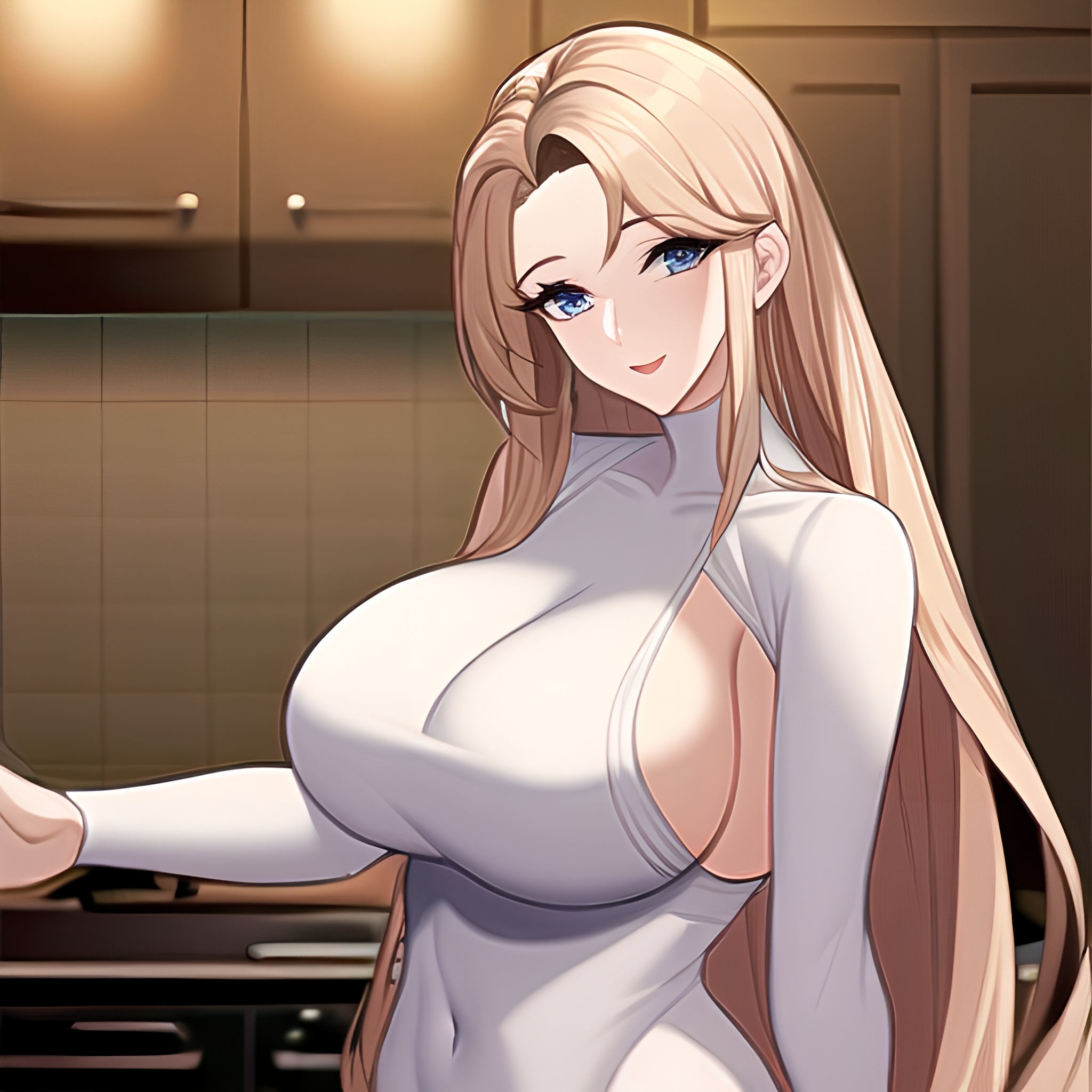 woman long hair kitchen nude perfect boobs front view 