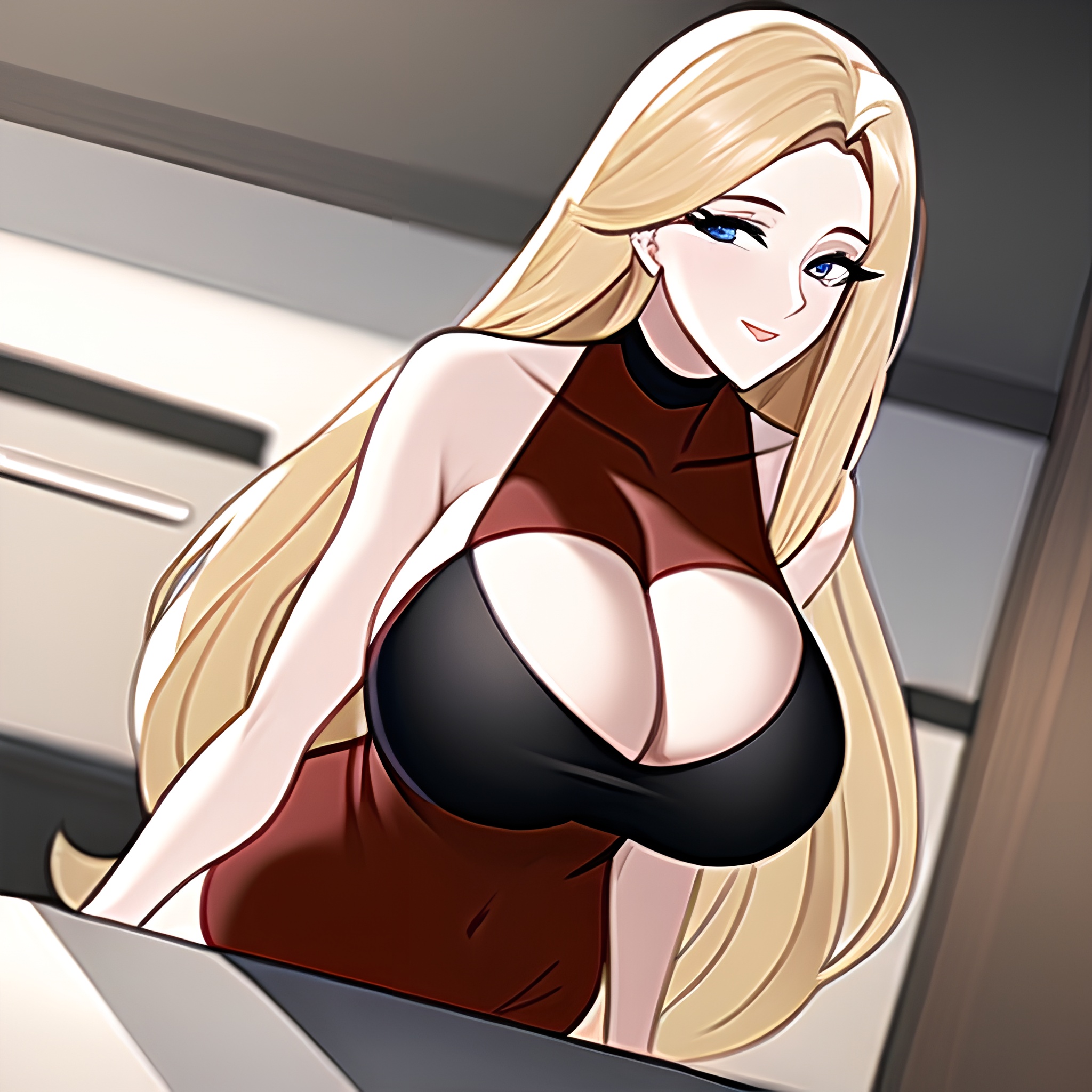 woman long hair kitchen perfect boobs nude front view 