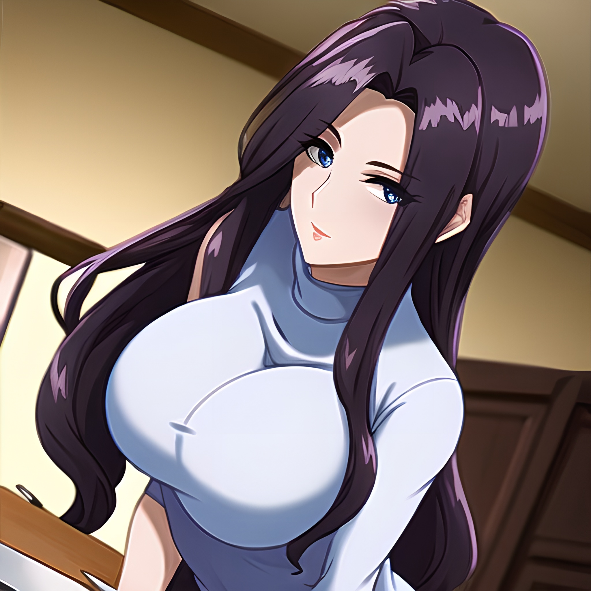 woman long hair nude perfect boobs front view kitchen