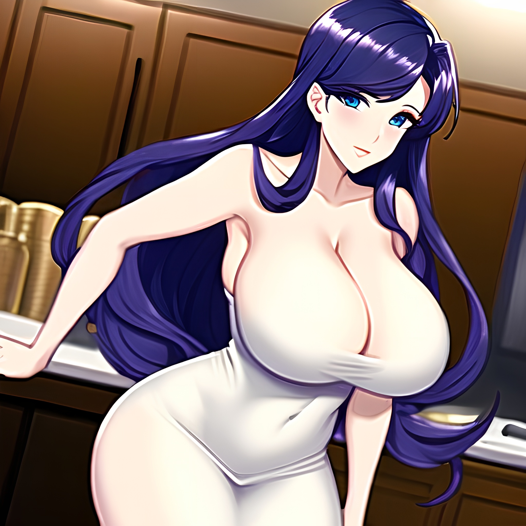 woman long hair perfect boobs kitchen front view nude 