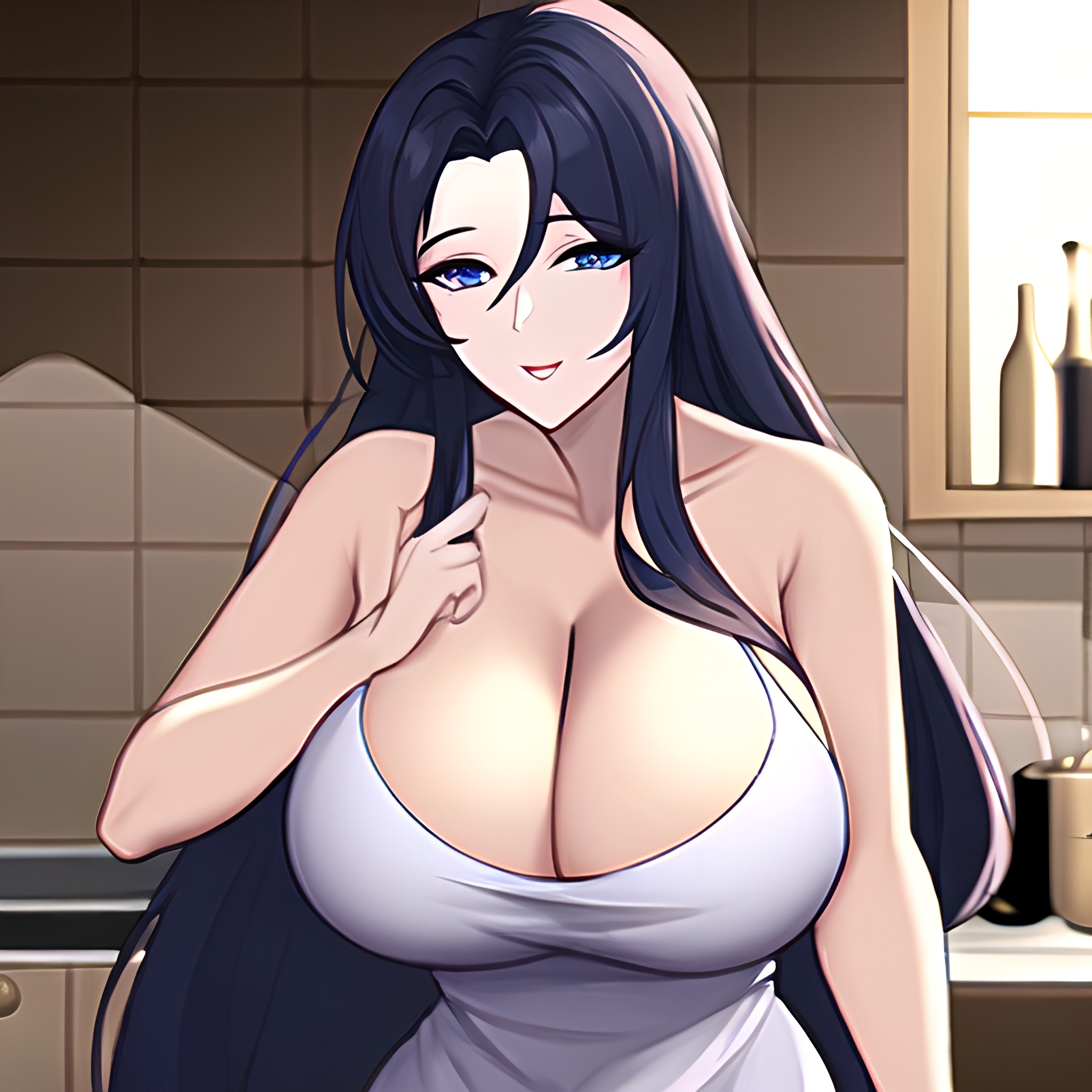 woman long hair perfect boobs kitchen nude front view 