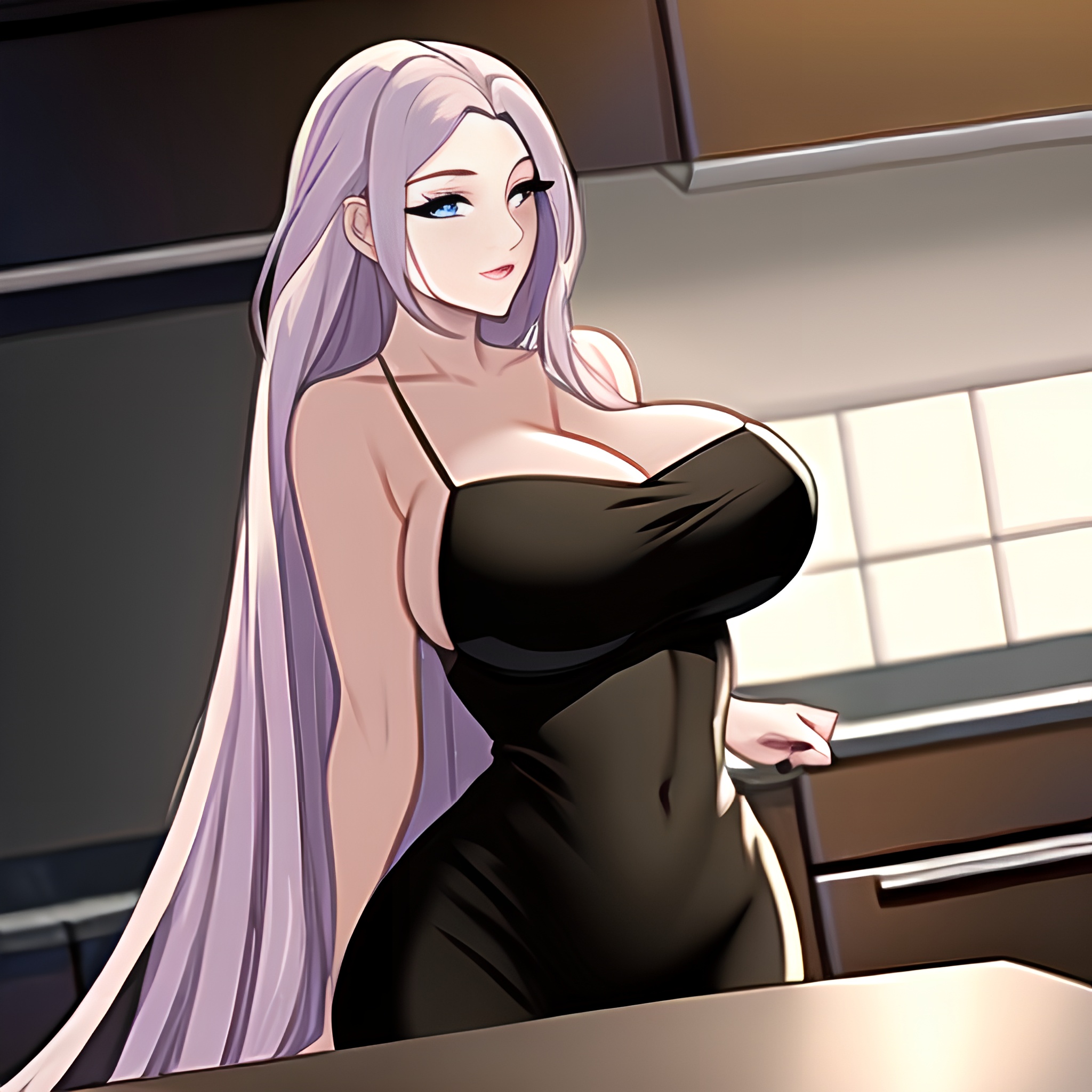 woman long hair perfect boobs nude front view kitchen