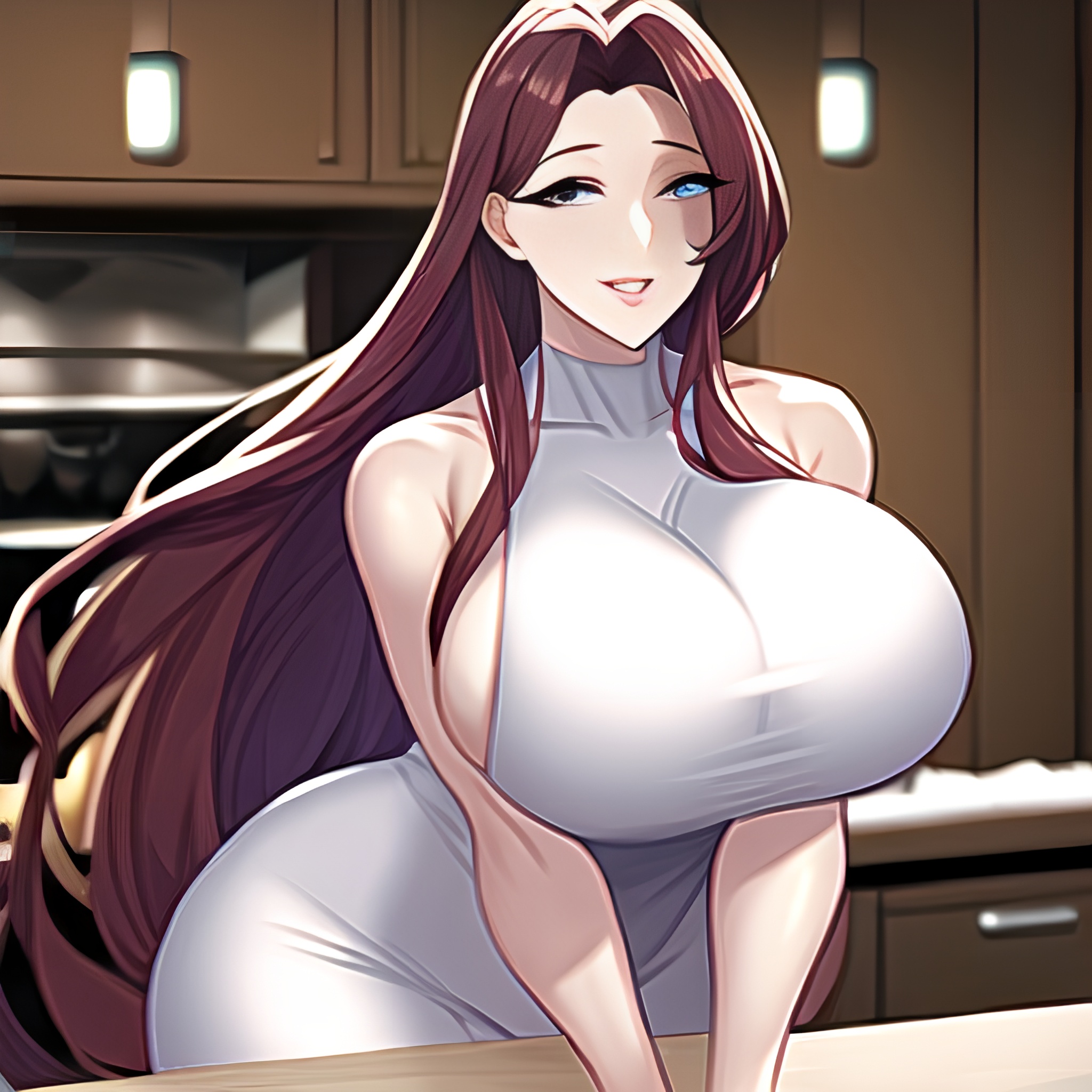 woman long hair perfect boobs nude kitchen front view 