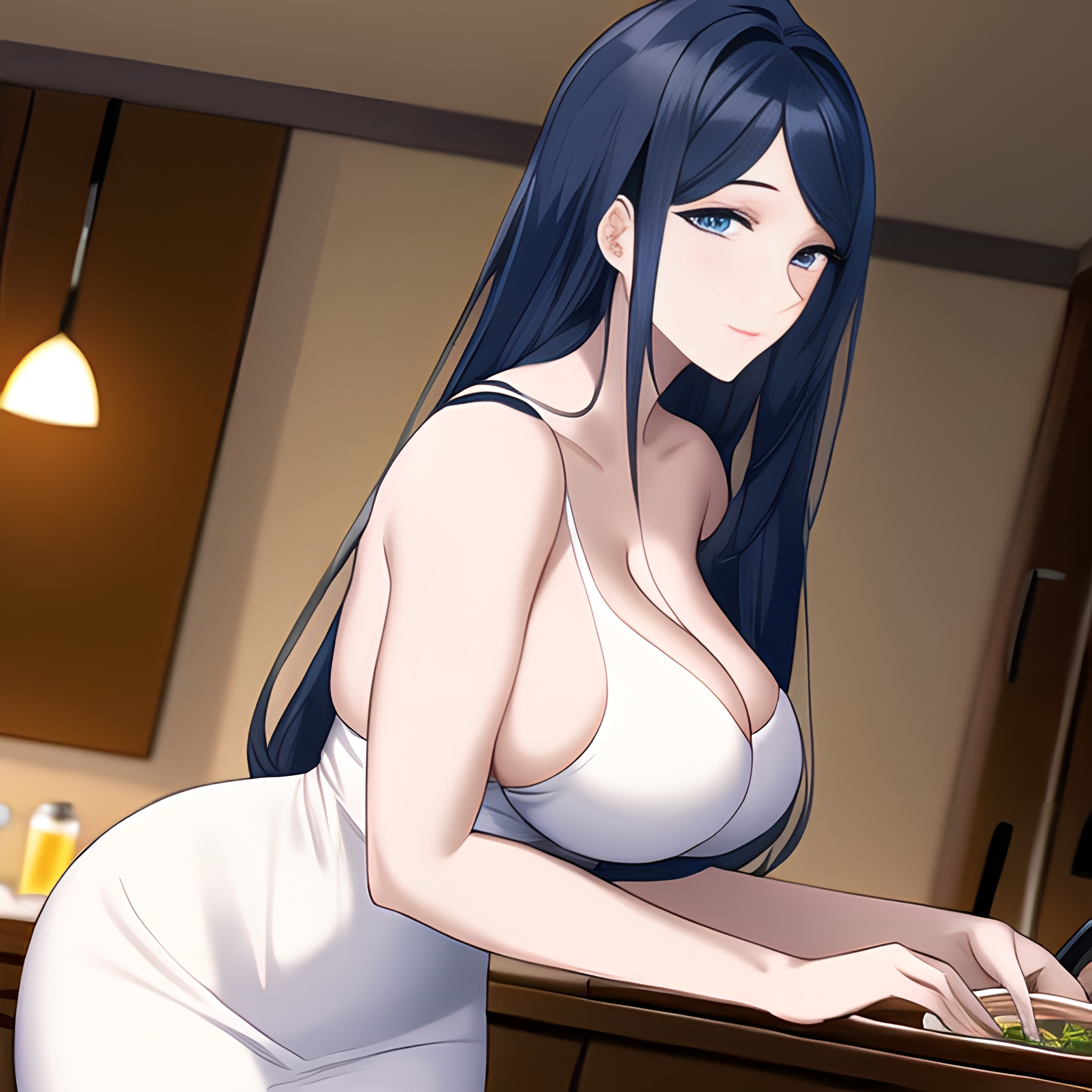 woman nude kitchen front view perfect boobs long hair