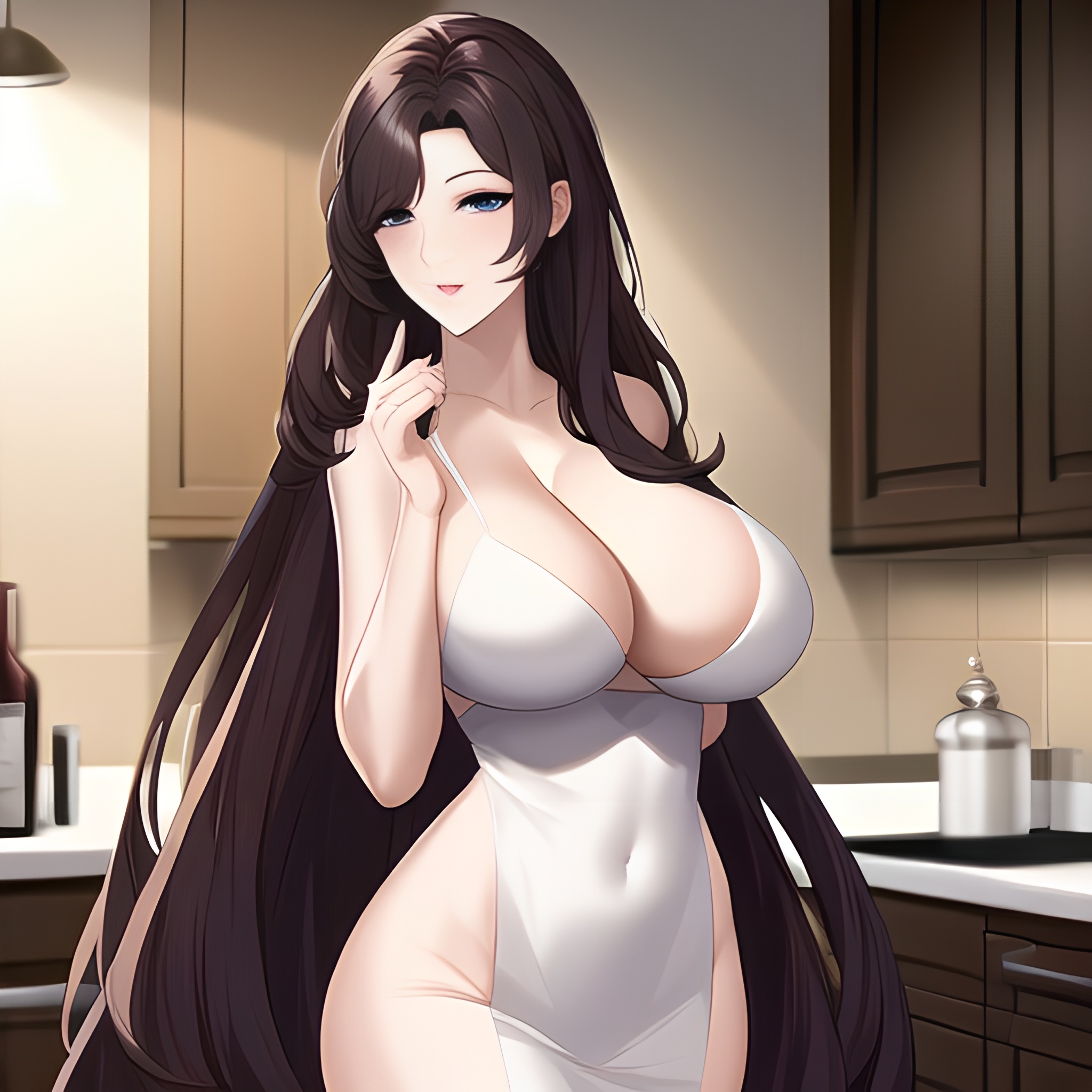 woman nude kitchen long hair perfect boobs front view