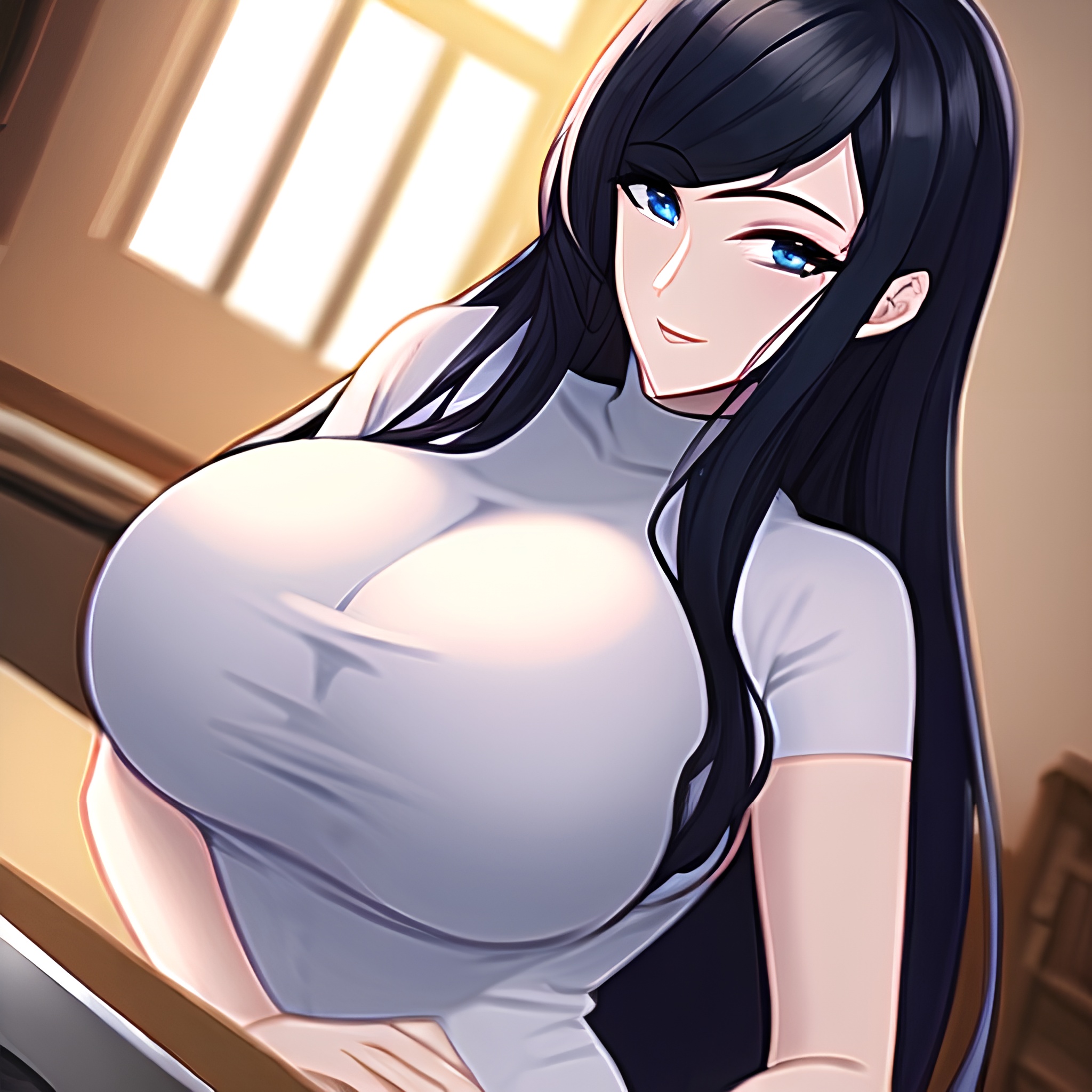 woman nude long hair kitchen perfect boobs front view 