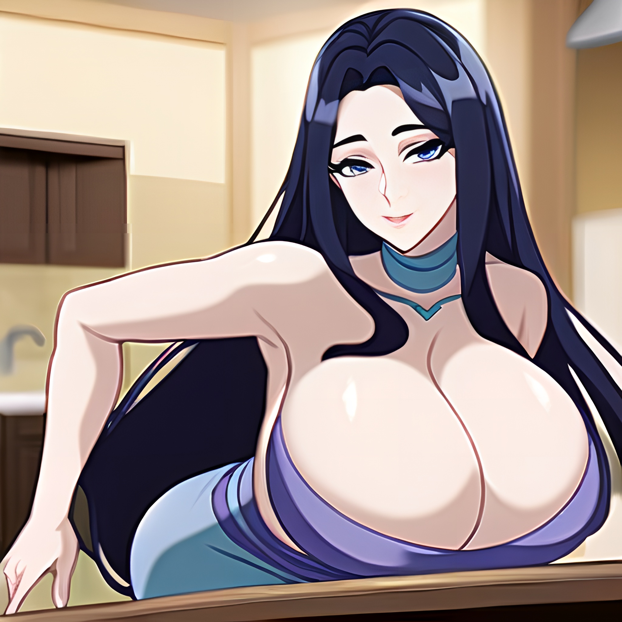 woman nude perfect boobs long hair front view kitchen 