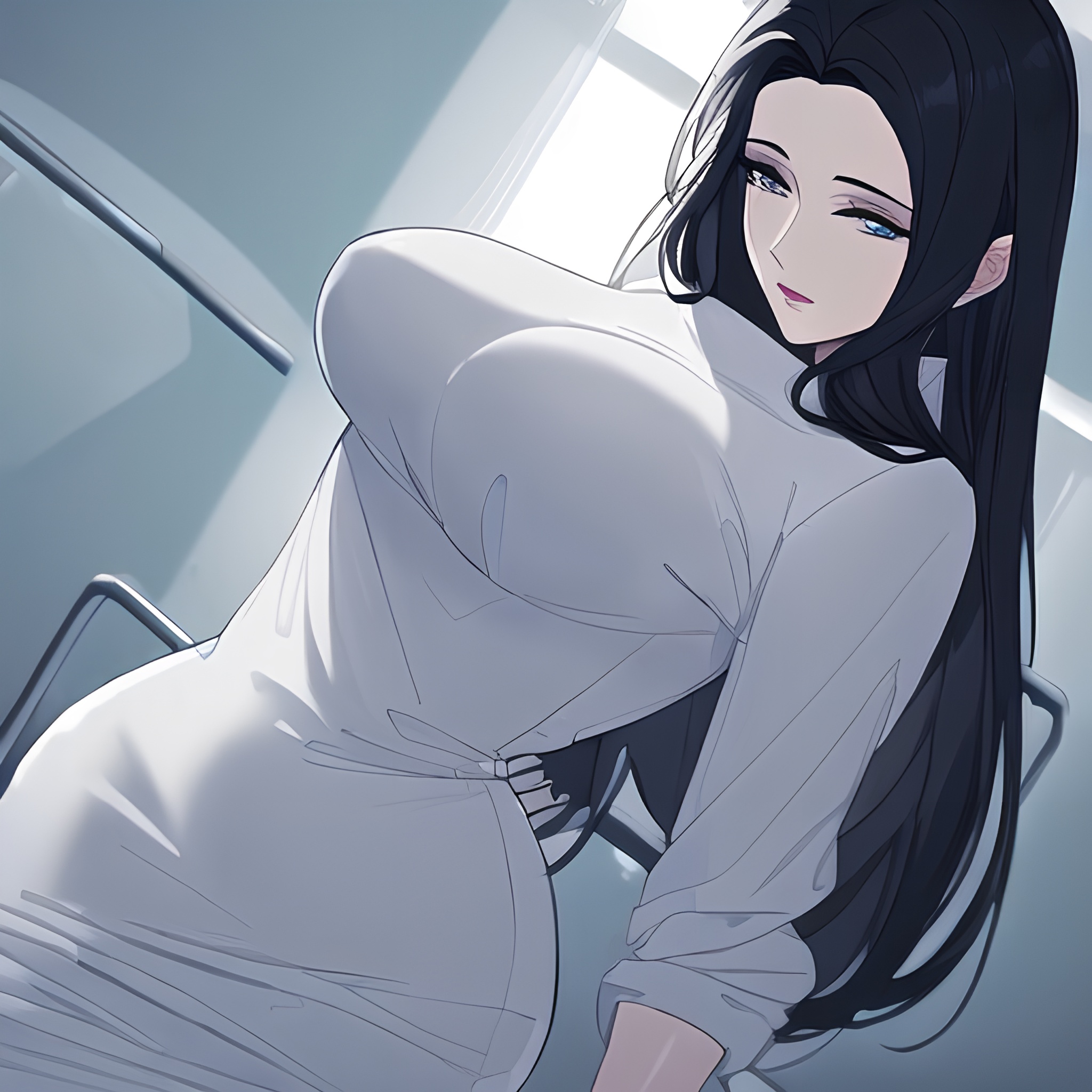 woman nude small boobs long hair front view hospital 