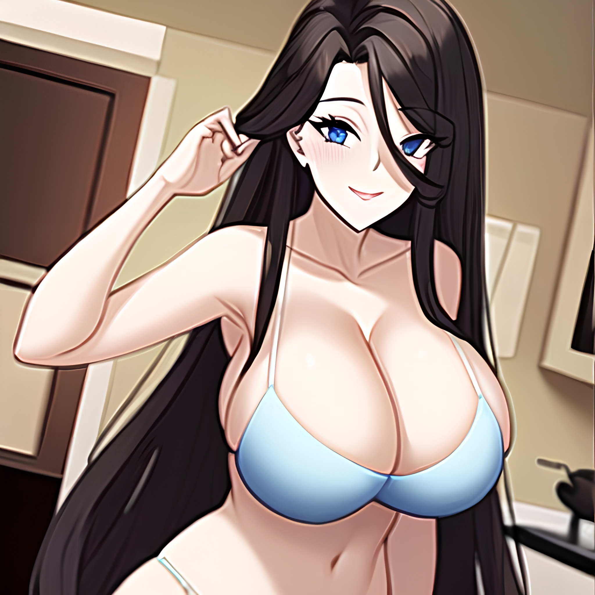 woman perfect boobs front view kitchen long hair nude 