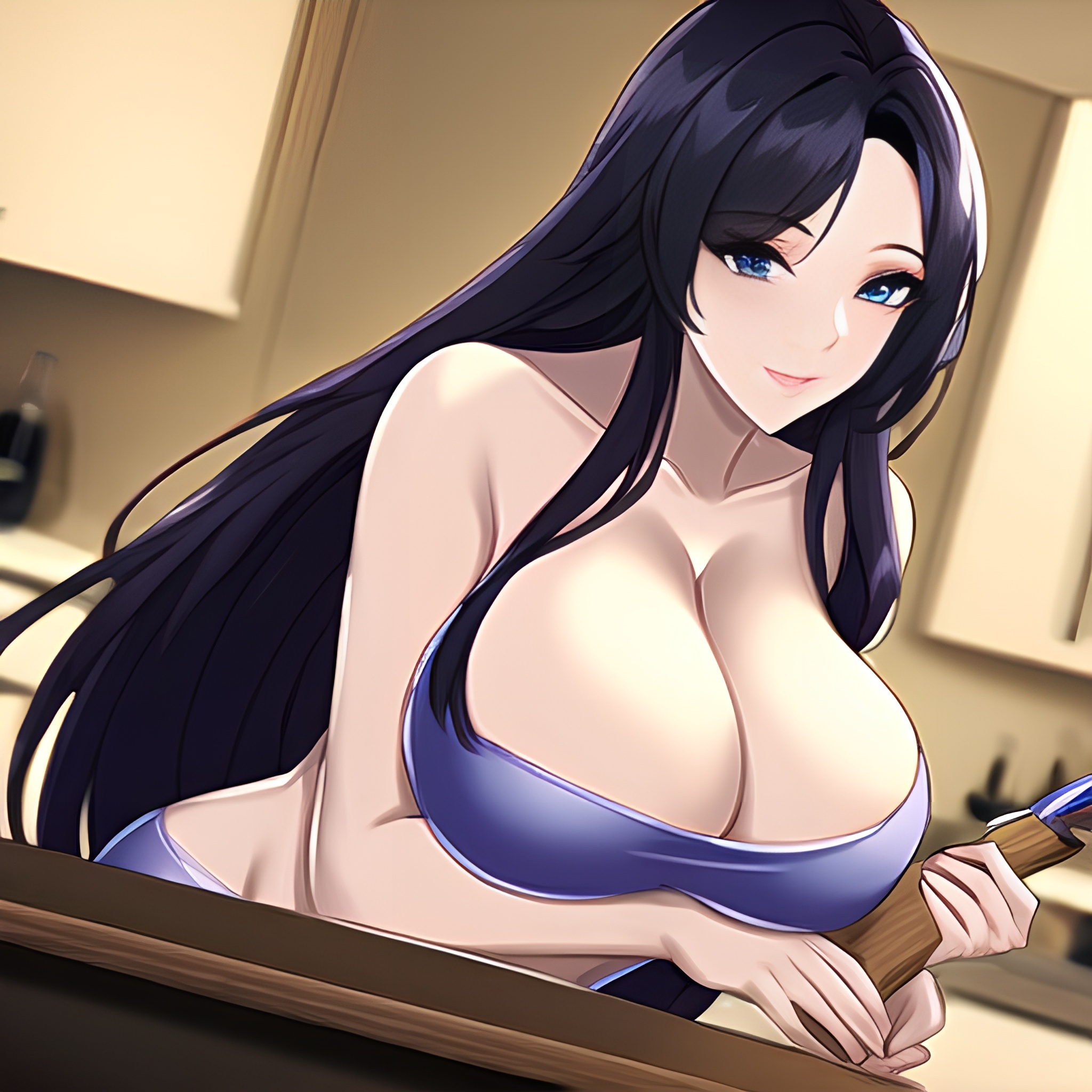 woman perfect boobs front view kitchen nude long hair 