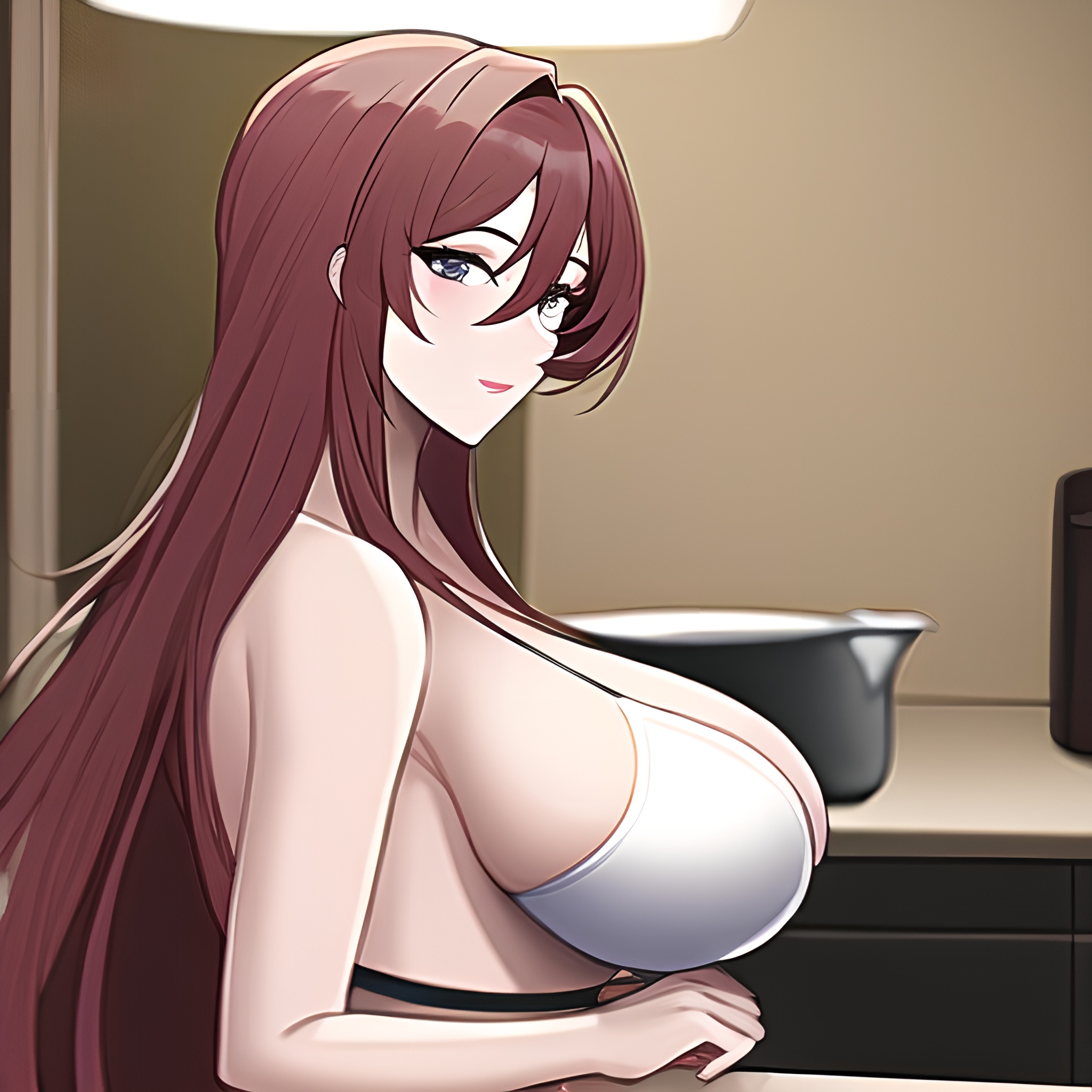 woman perfect boobs front view long hair kitchen nude 