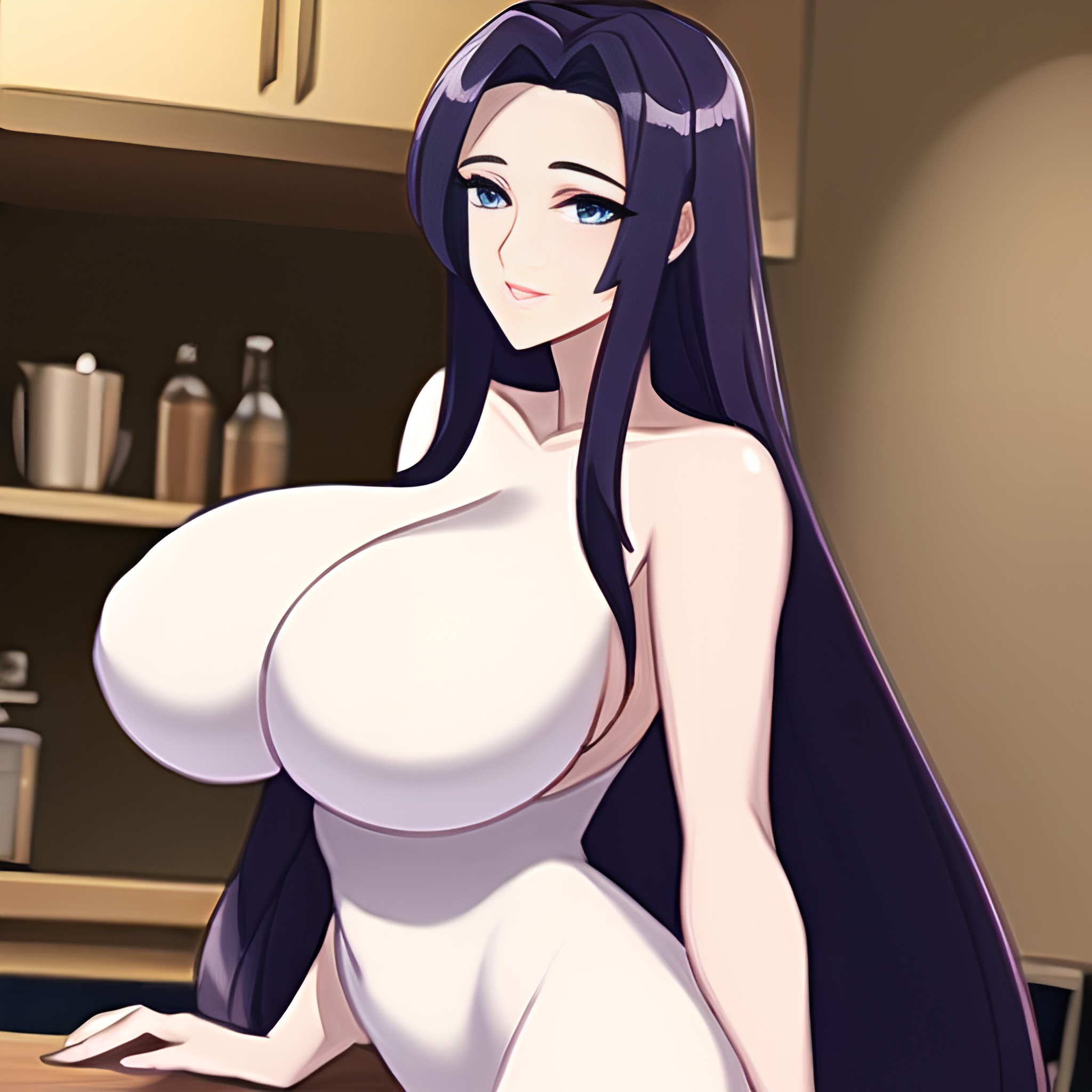 woman perfect boobs front view long hair nude kitchen 