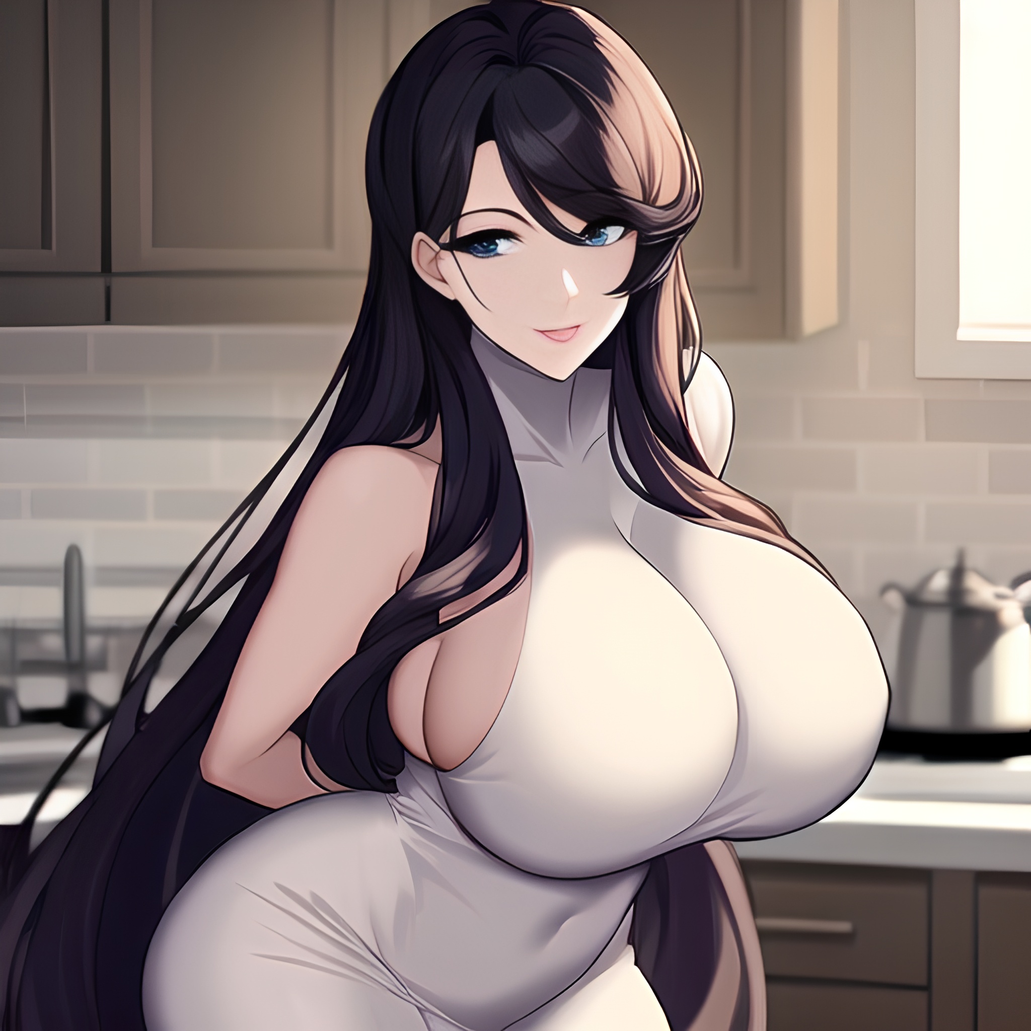 woman perfect boobs front view nude kitchen long hair