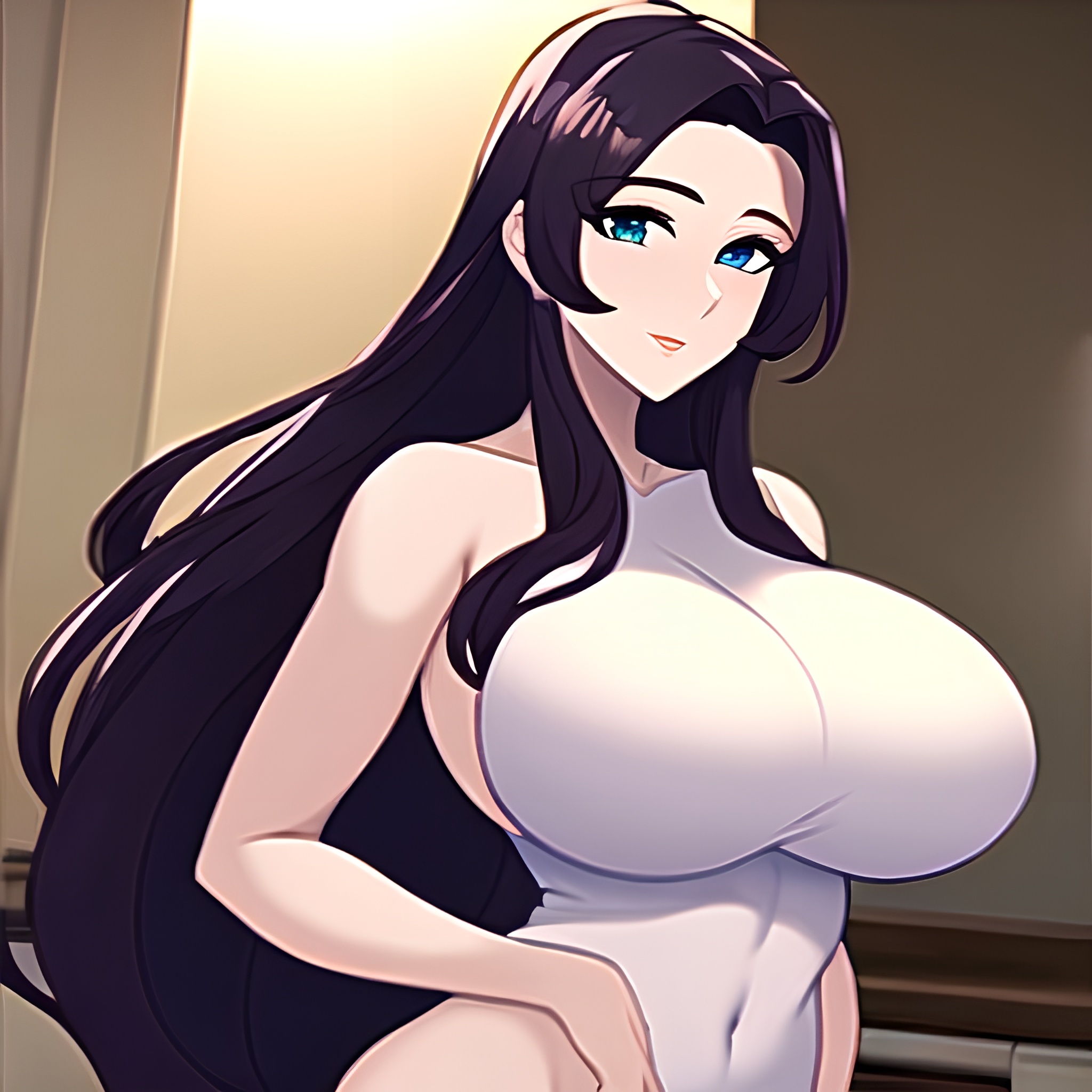 woman perfect boobs kitchen front view long hair nude 