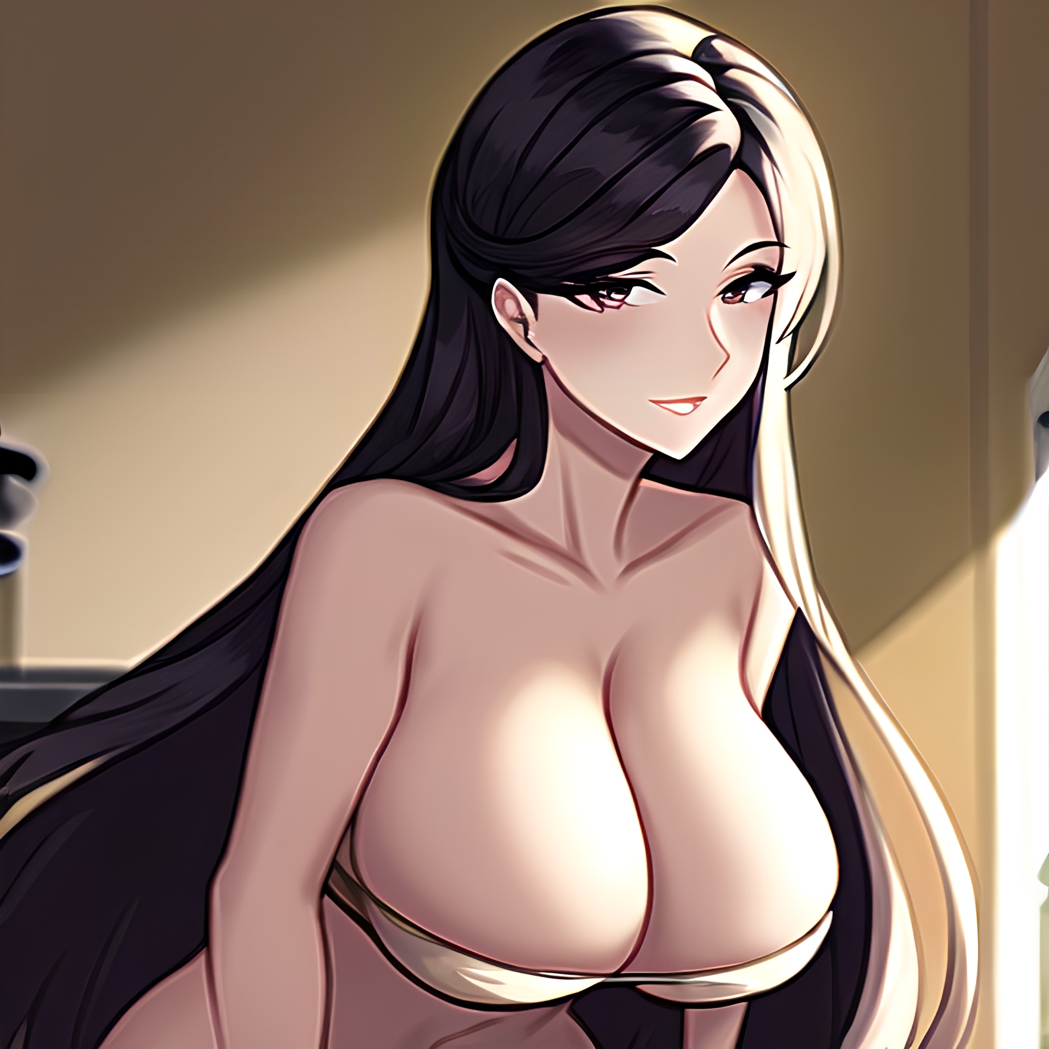 woman perfect boobs kitchen nude front view long hair 