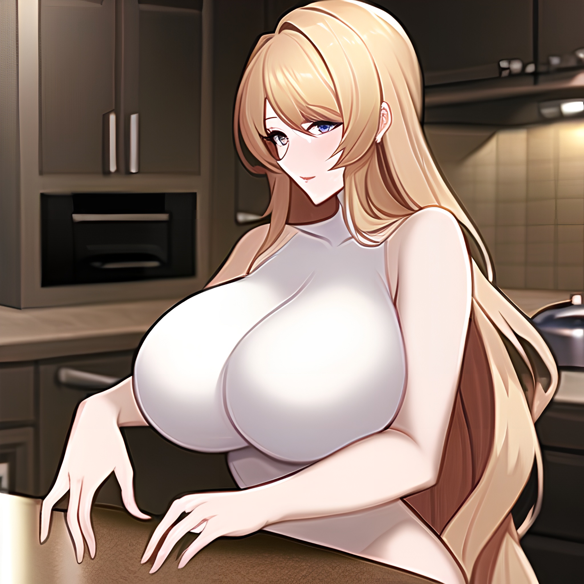 woman perfect boobs long hair front view nude kitchen 