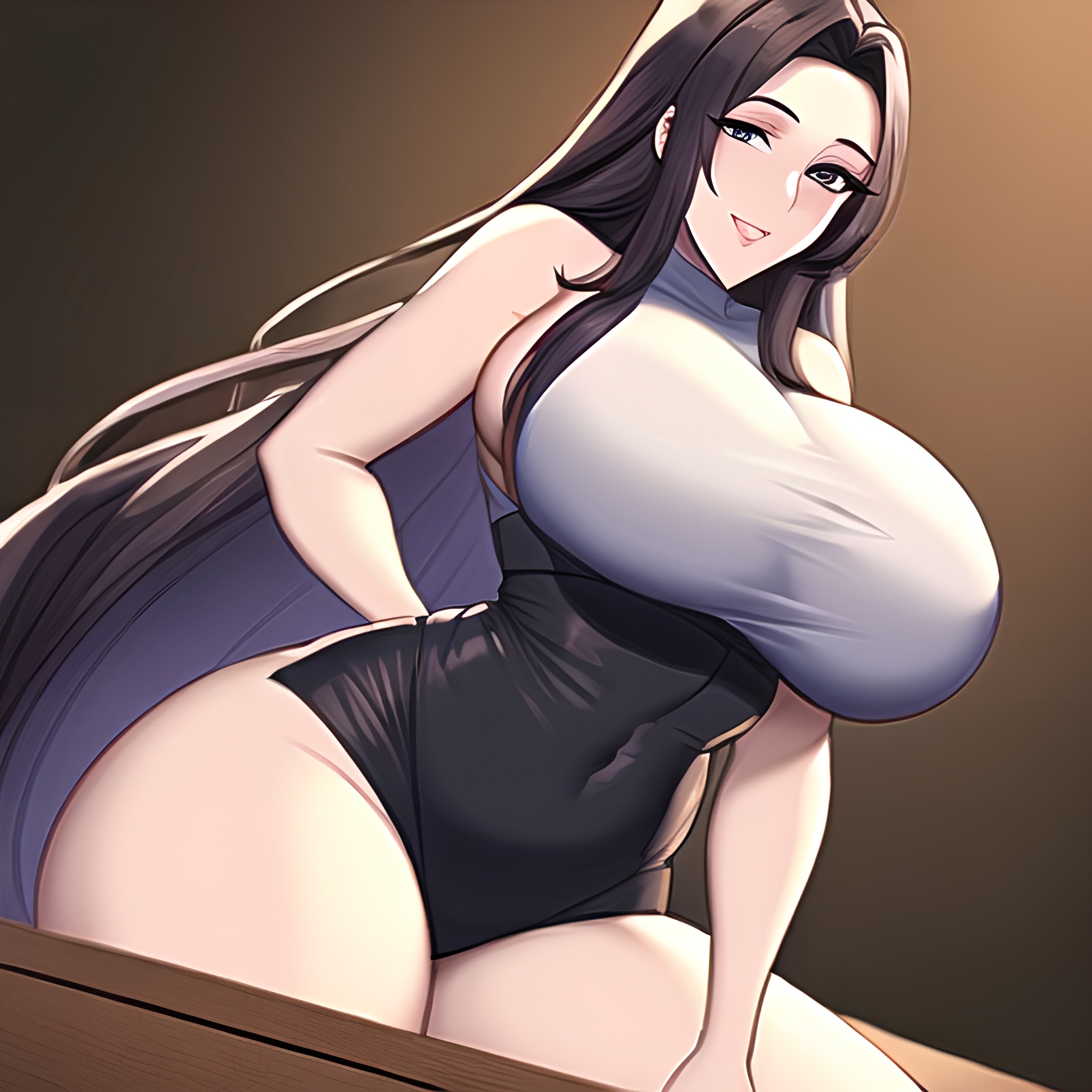 woman perfect boobs long hair kitchen nude front view 