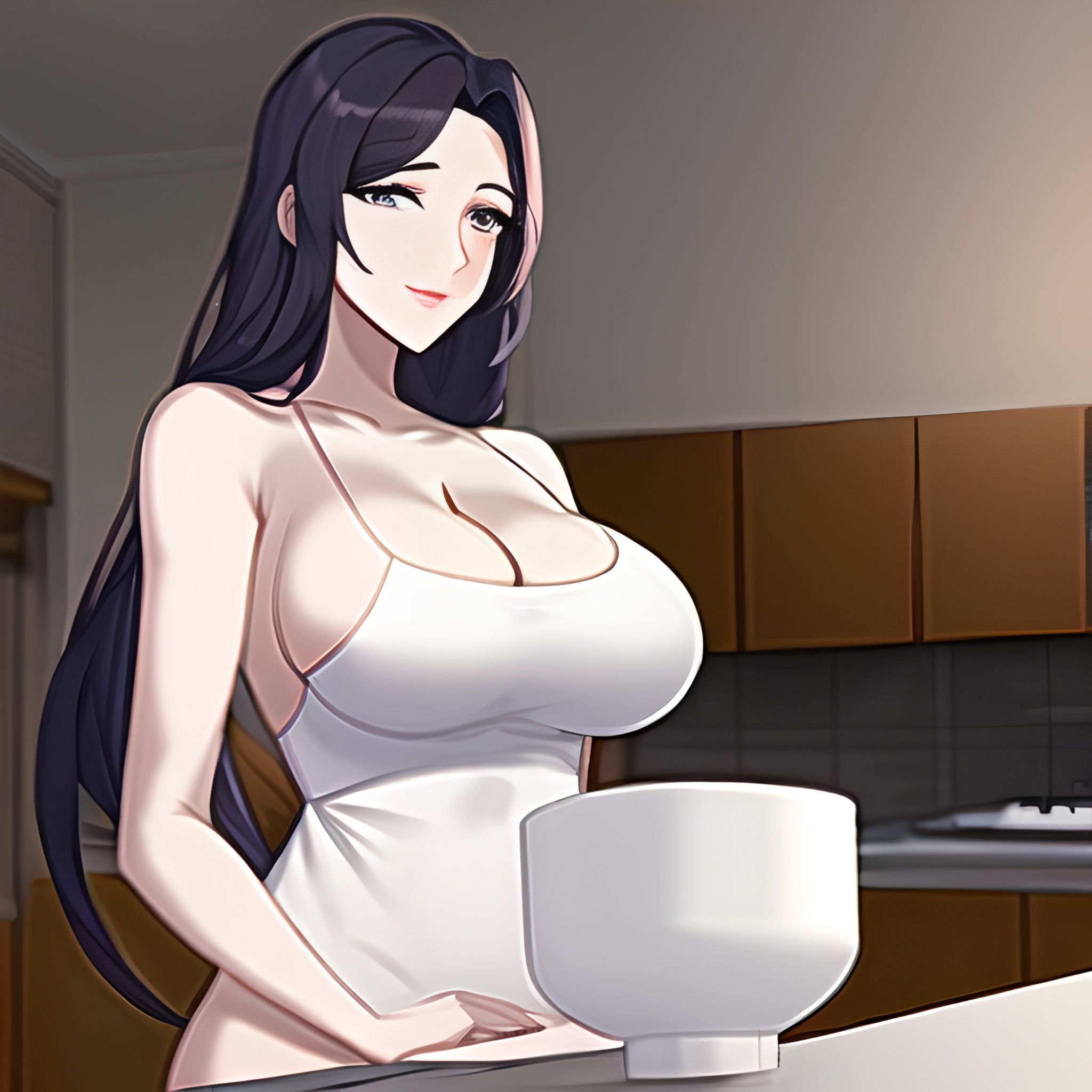 woman perfect boobs nude front view kitchen long hair 