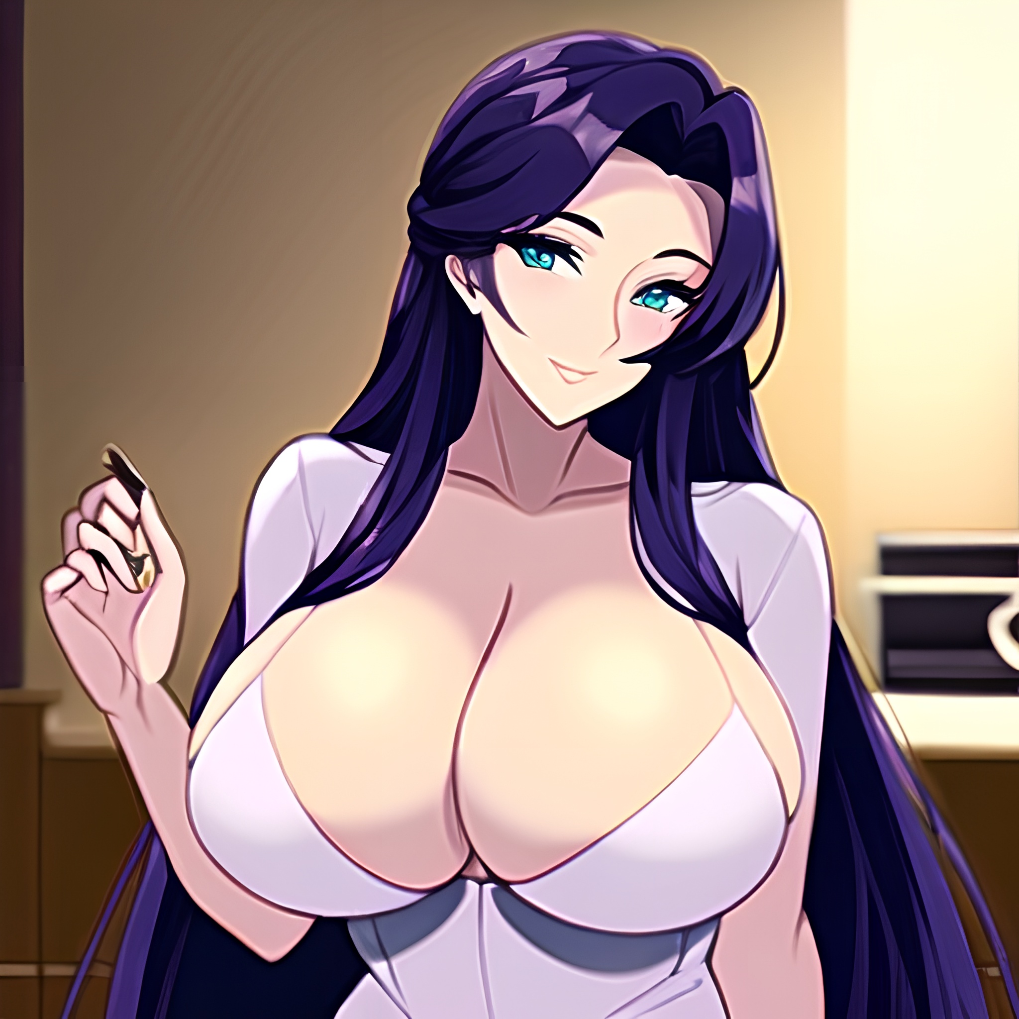 woman perfect boobs nude kitchen front view long hair 