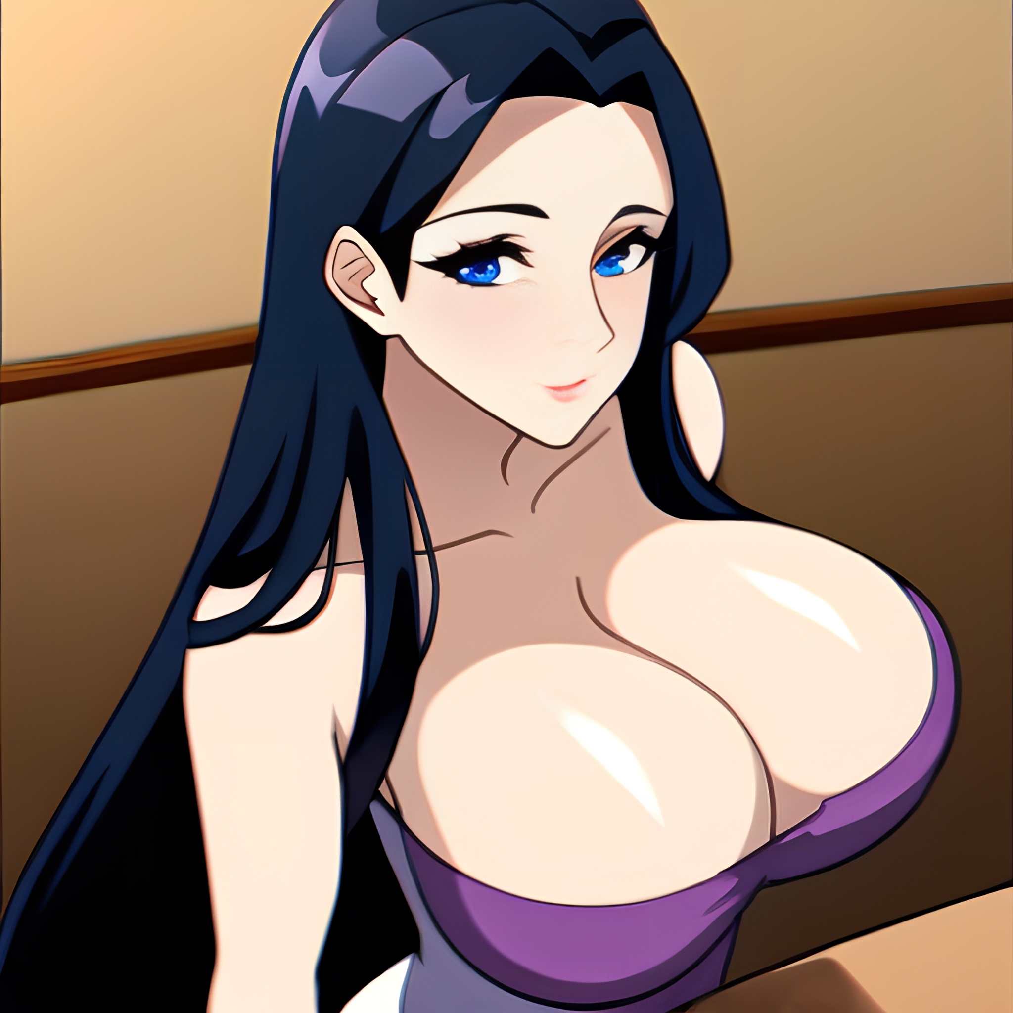 woman perfect boobs nude kitchen long hair front view 