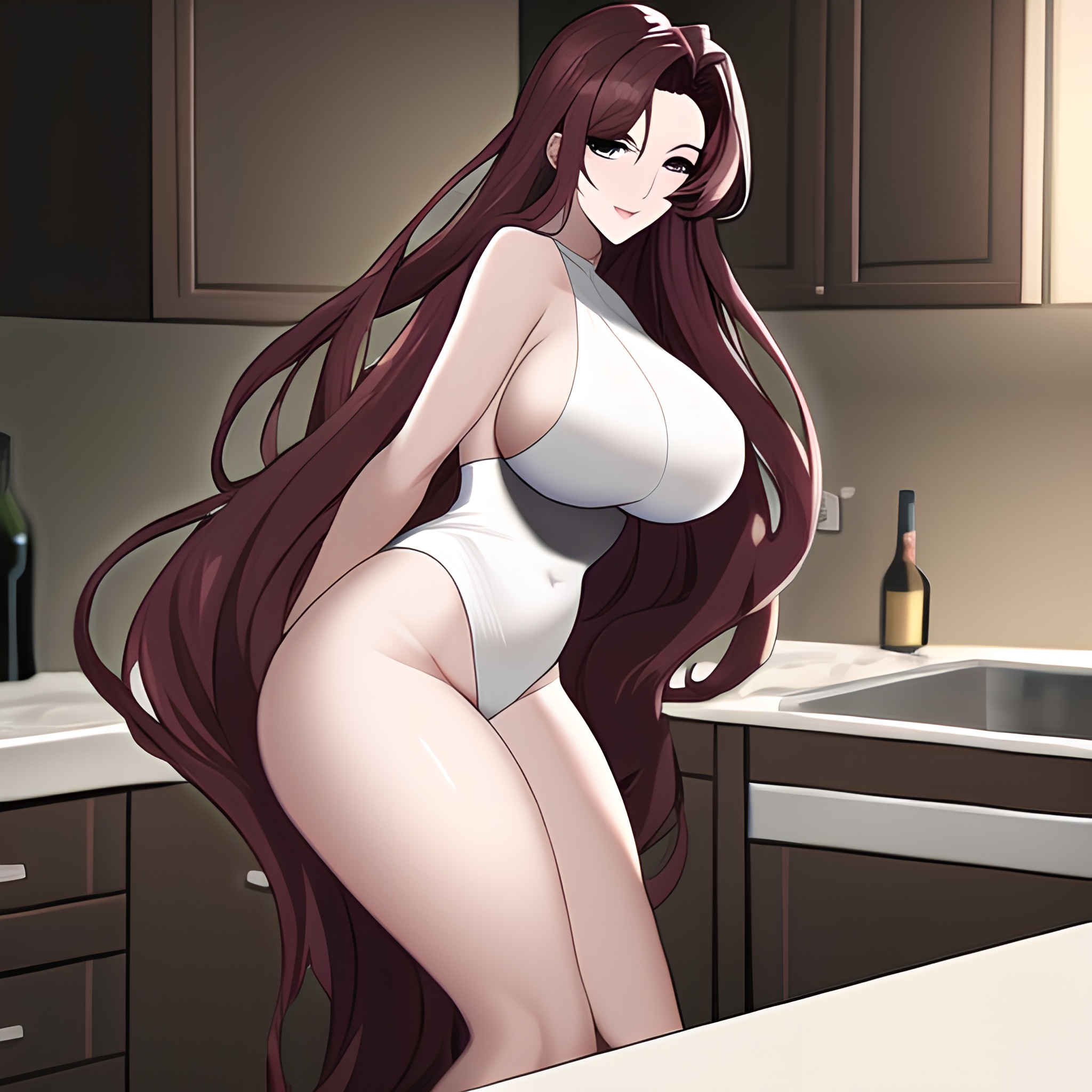 woman perfect boobs nude long hair front view kitchen 