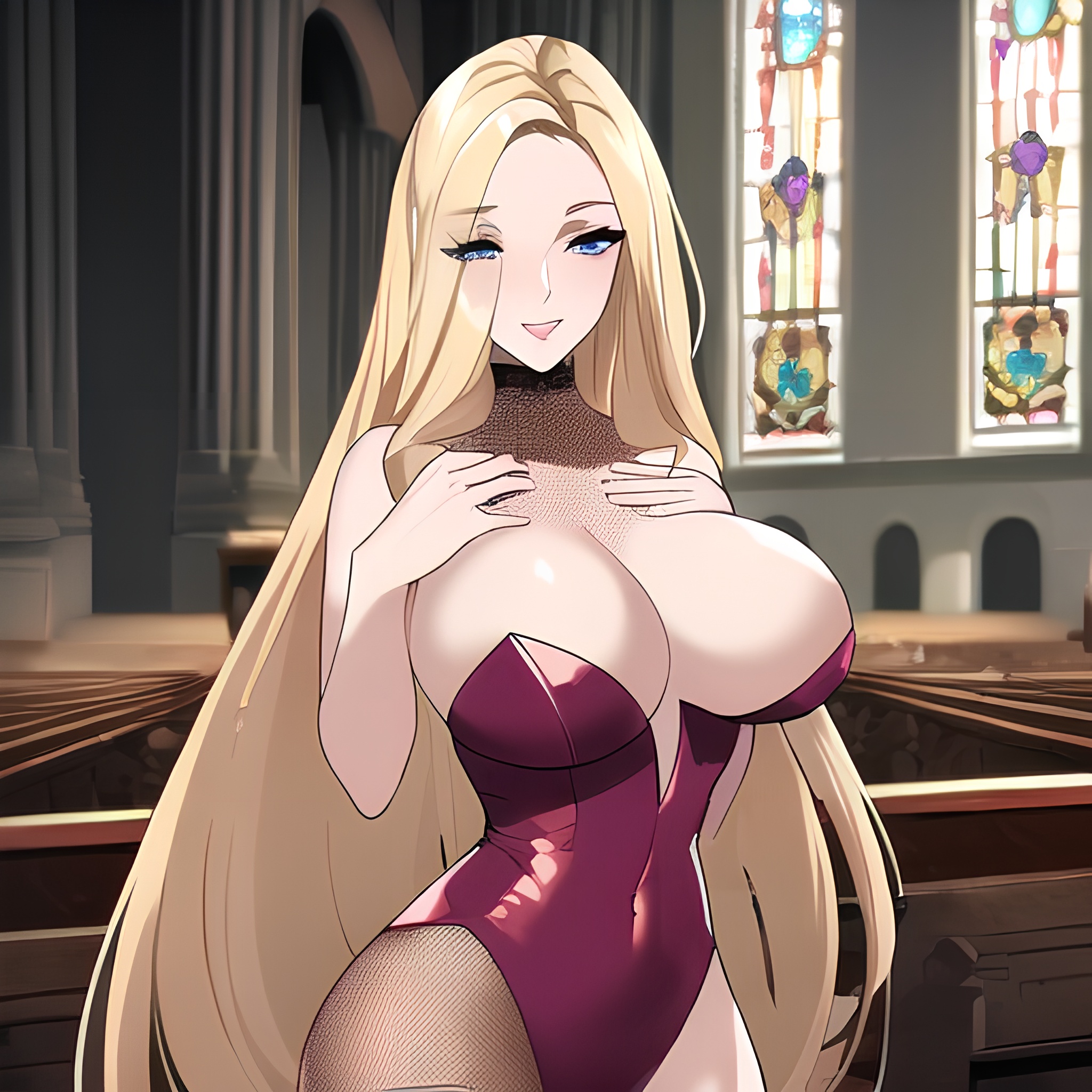 blonde church long hair fishnet front view small boobs nude woman 