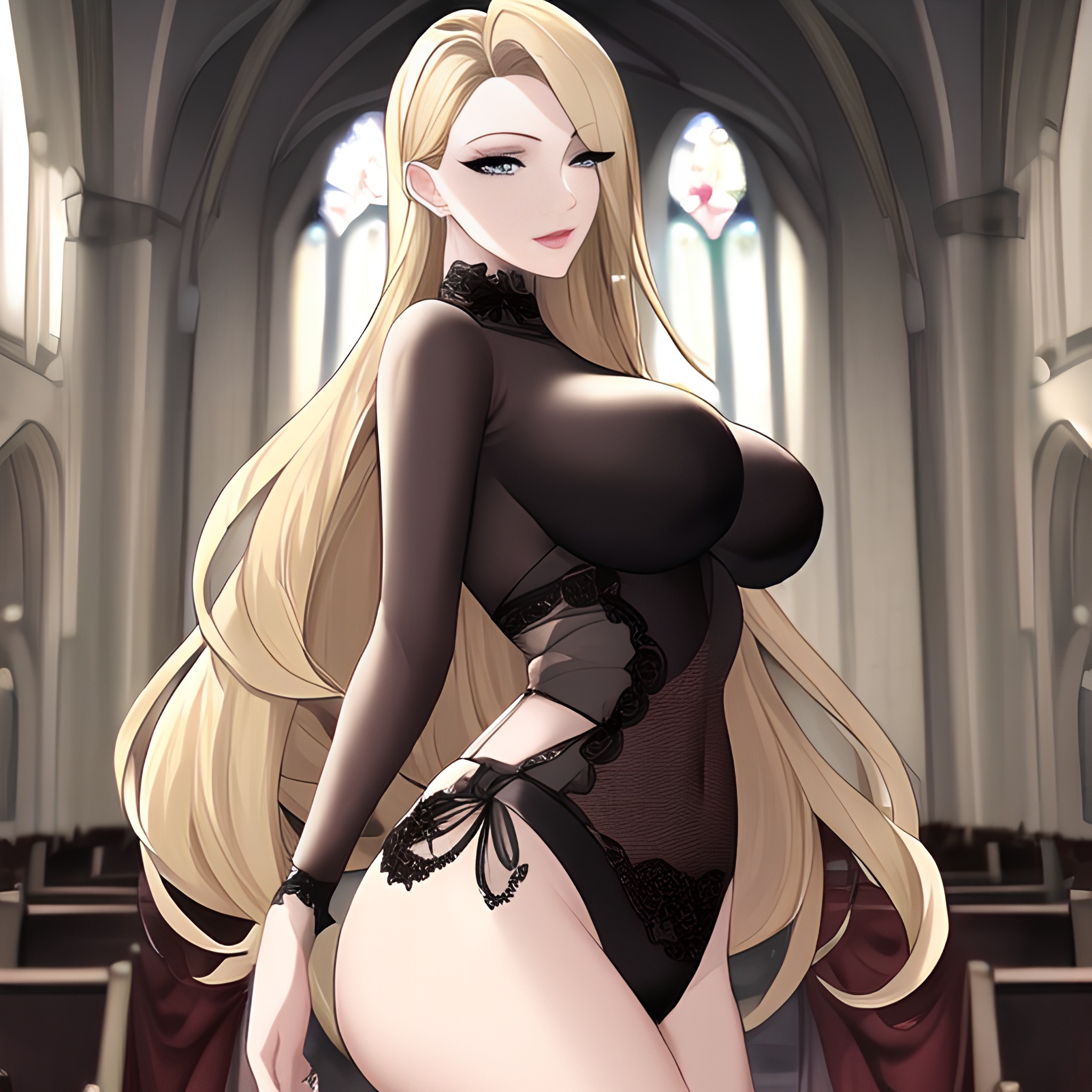 blonde church long hair small boobs fishnet front view nude woman 