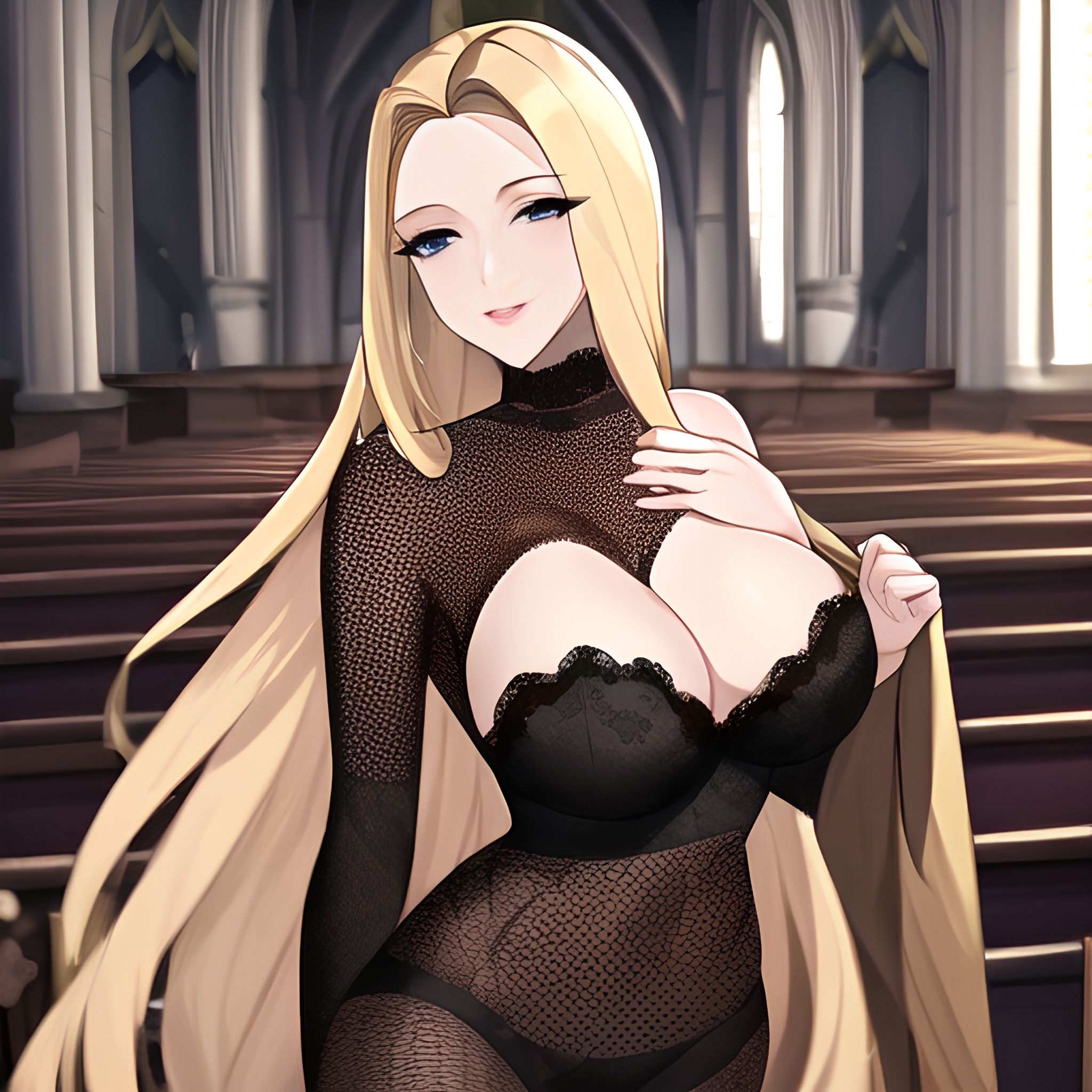 blonde church long hair small boobs woman front view nude fishnet 