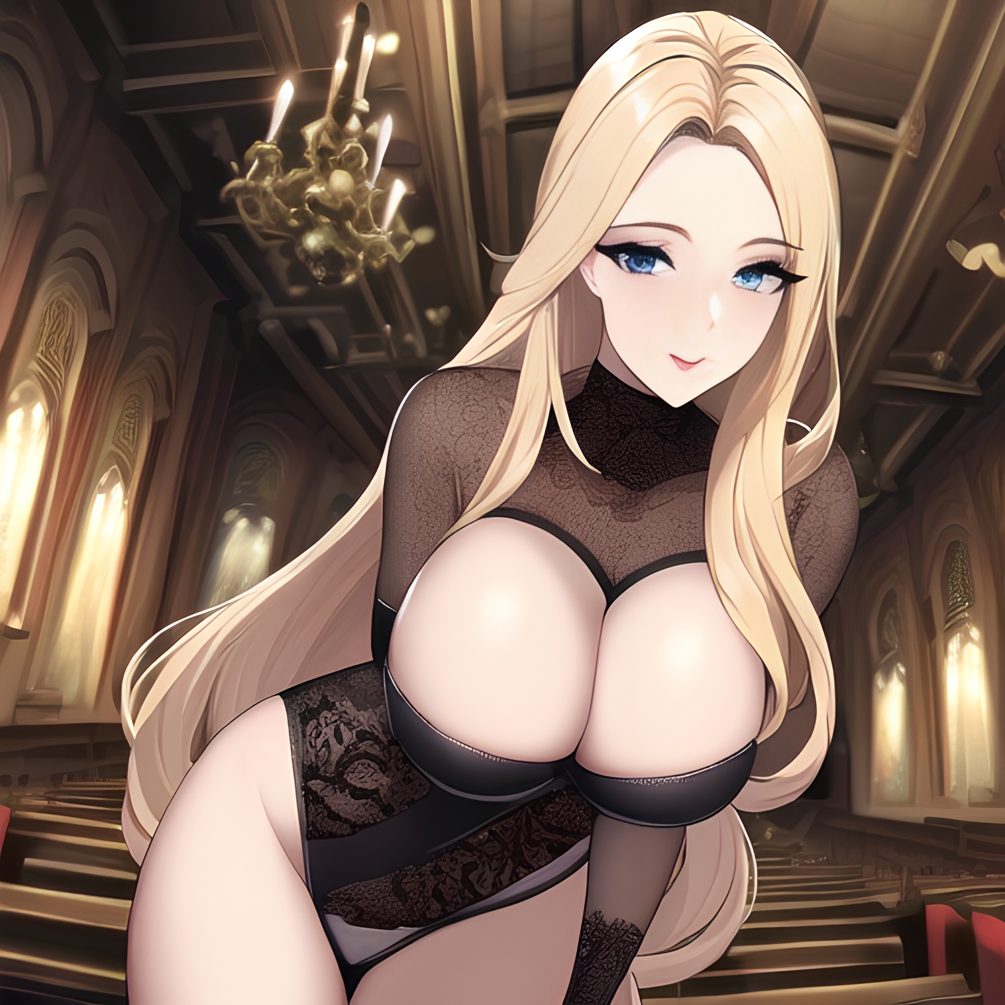 blonde church long hair woman front view fishnet small boobs nude 