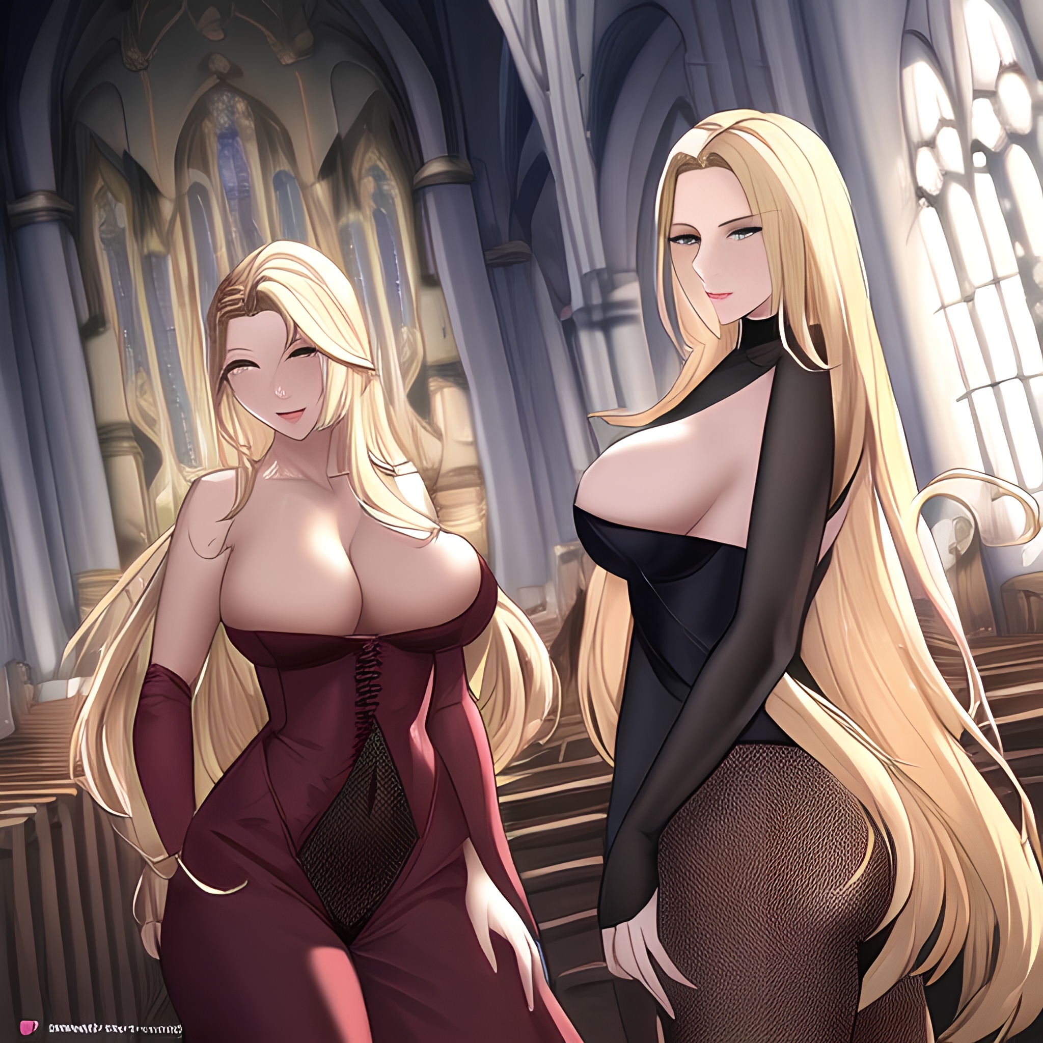 blonde church nude small boobs long hair fishnet front view woman