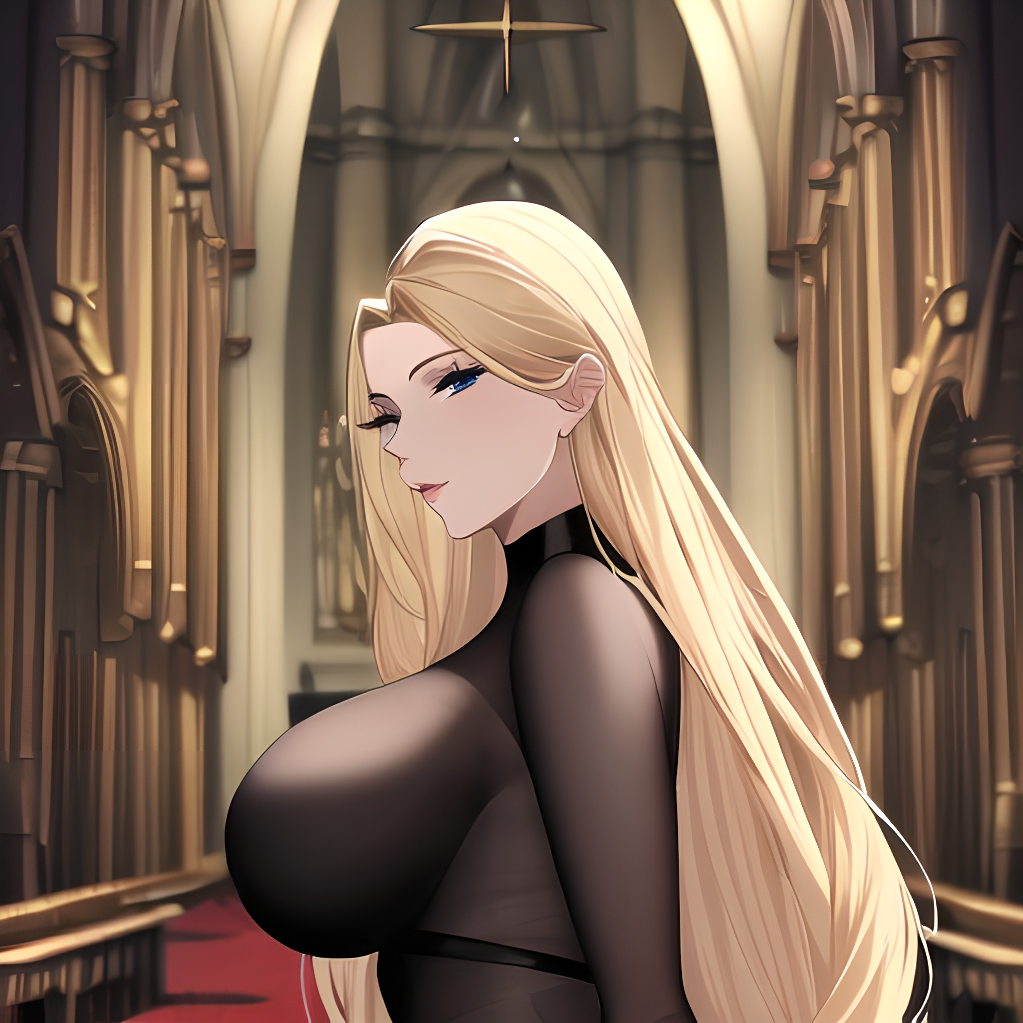 blonde church woman small boobs front view nude fishnet long hair