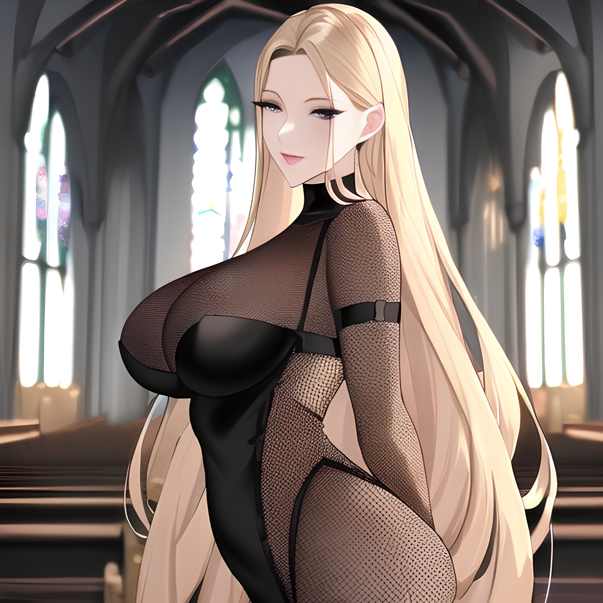 blonde church woman small boobs nude fishnet front view long hair 