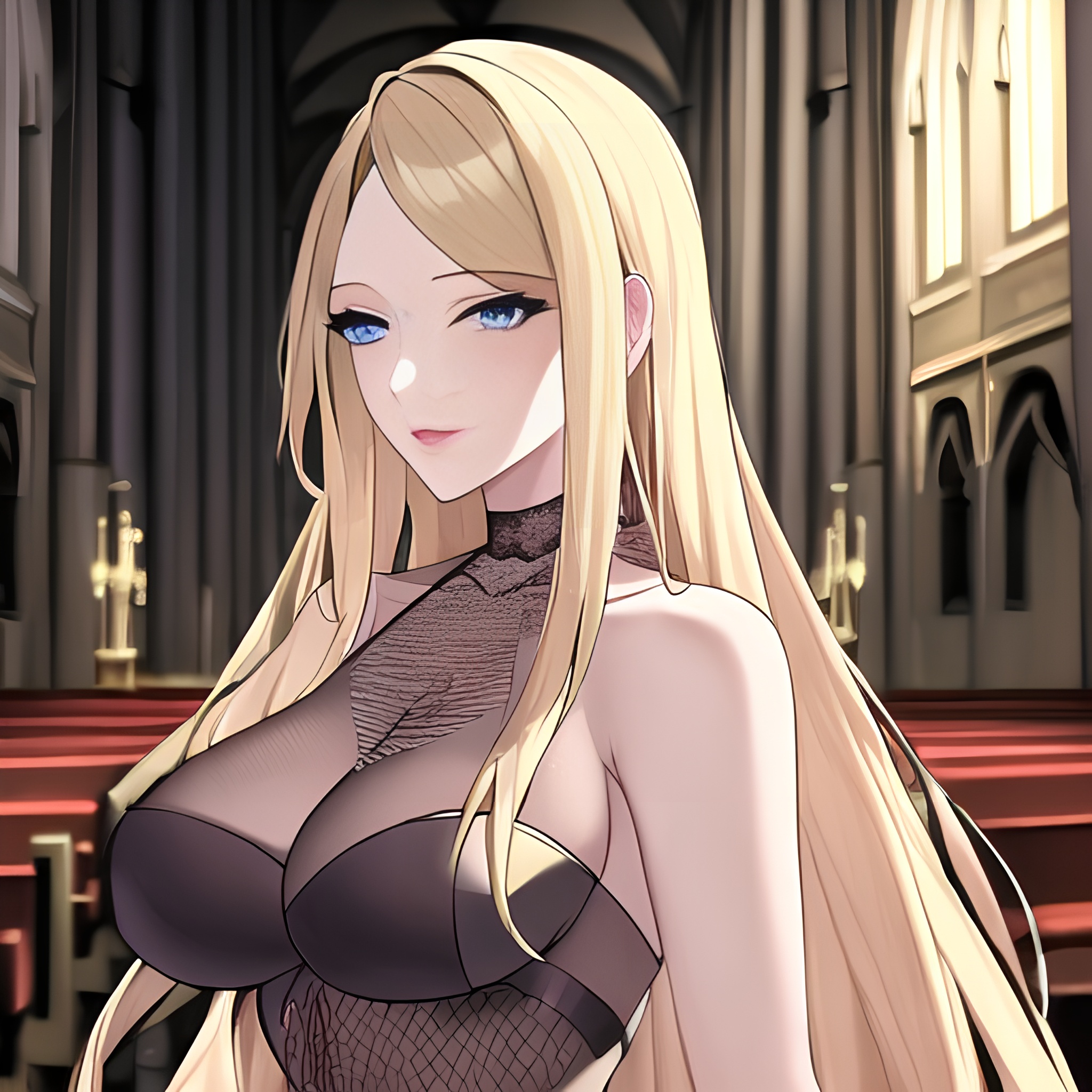 blonde fishnet church woman nude long hair front view small boobs 