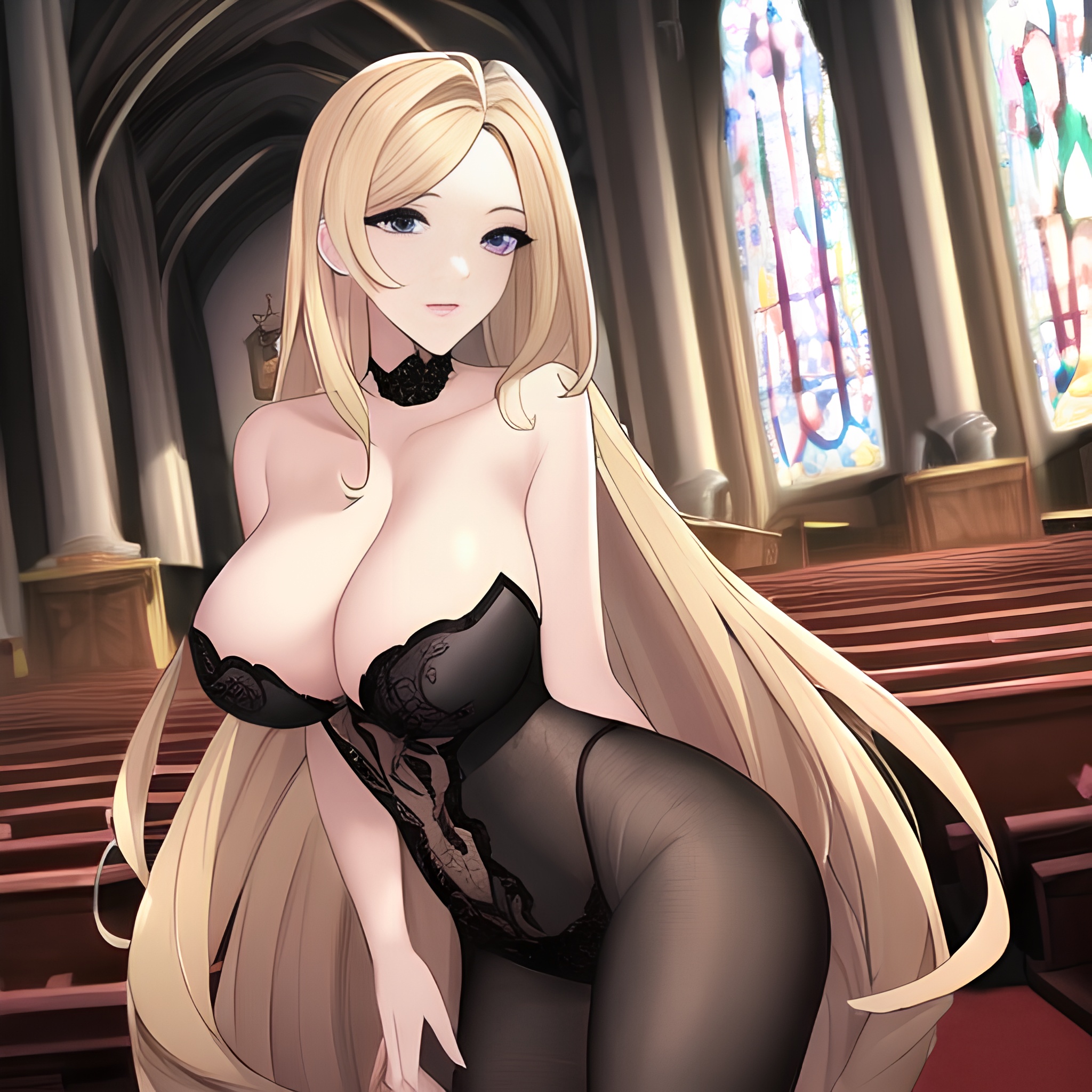 blonde fishnet front view nude church woman long hair small boobs 