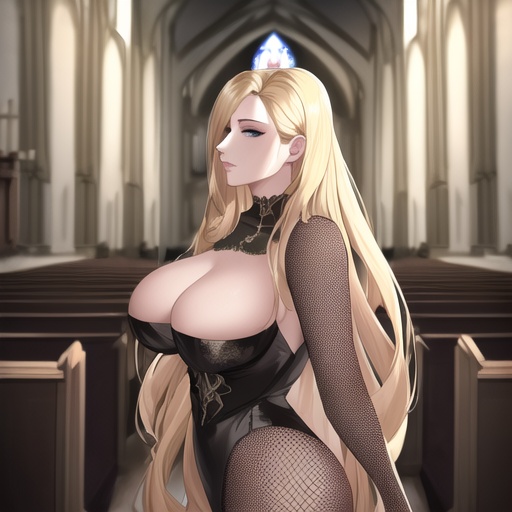 blonde fishnet long hair church nude front view small boobs woman