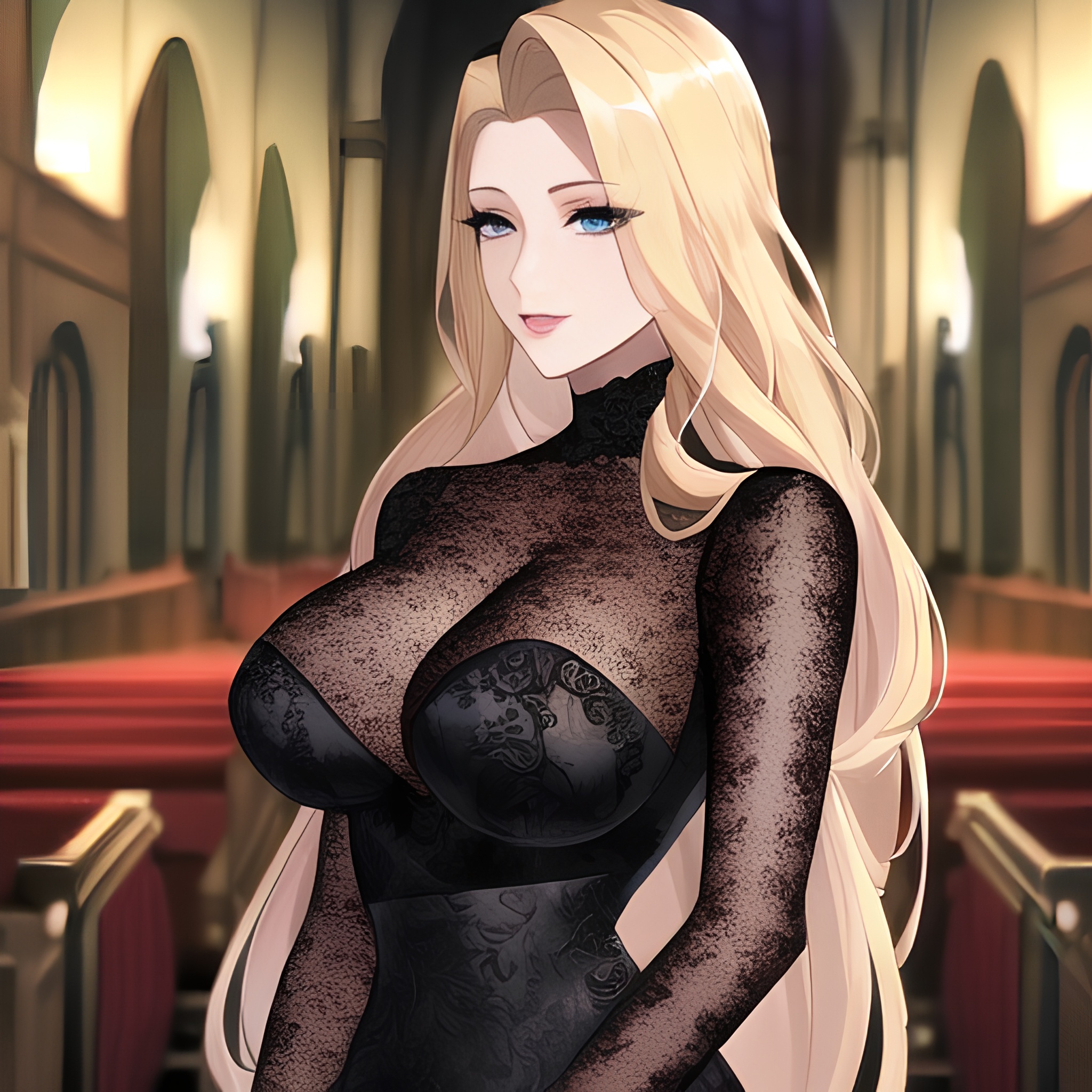 blonde fishnet long hair church woman small boobs front view nude 