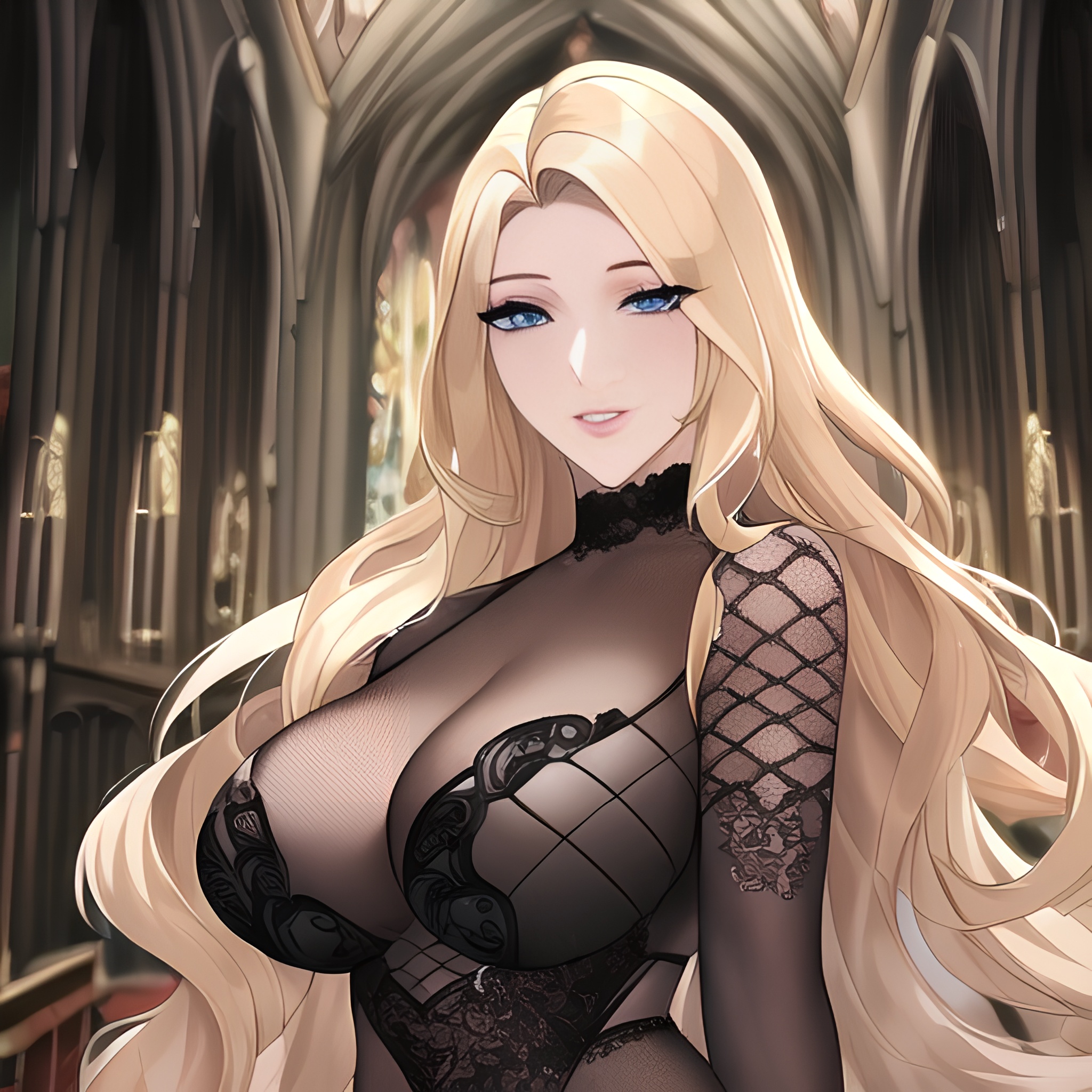 blonde fishnet long hair small boobs front view nude woman church 