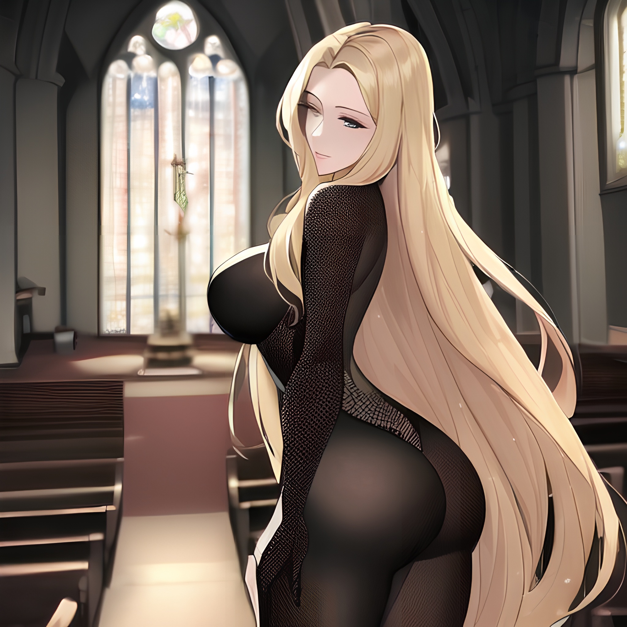 blonde fishnet long hair small boobs front view woman nude church 