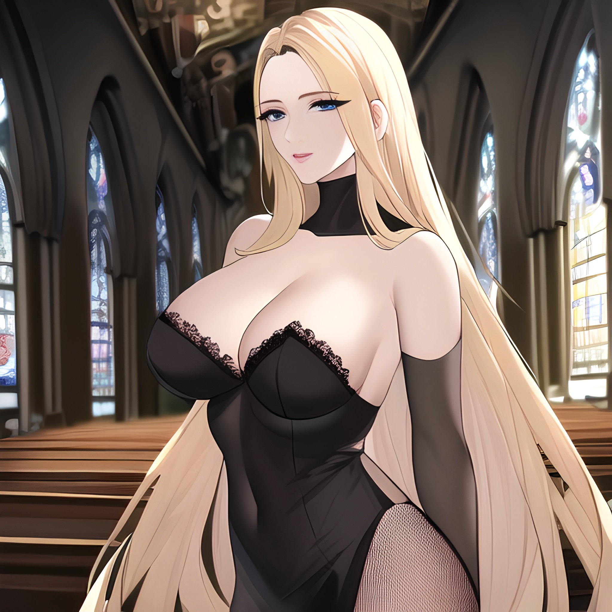 blonde fishnet small boobs church nude front view long hair woman 