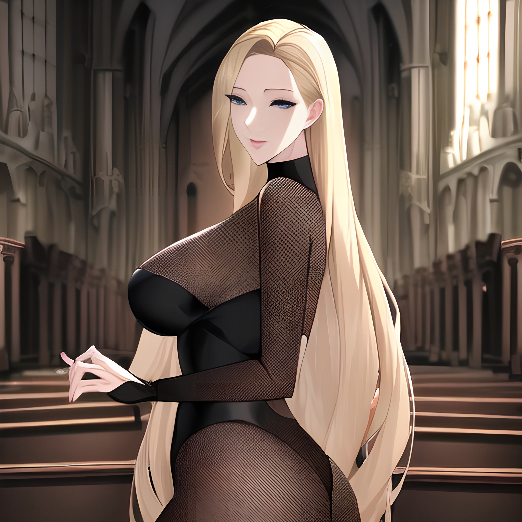 blonde fishnet small boobs church woman long hair front view nude 