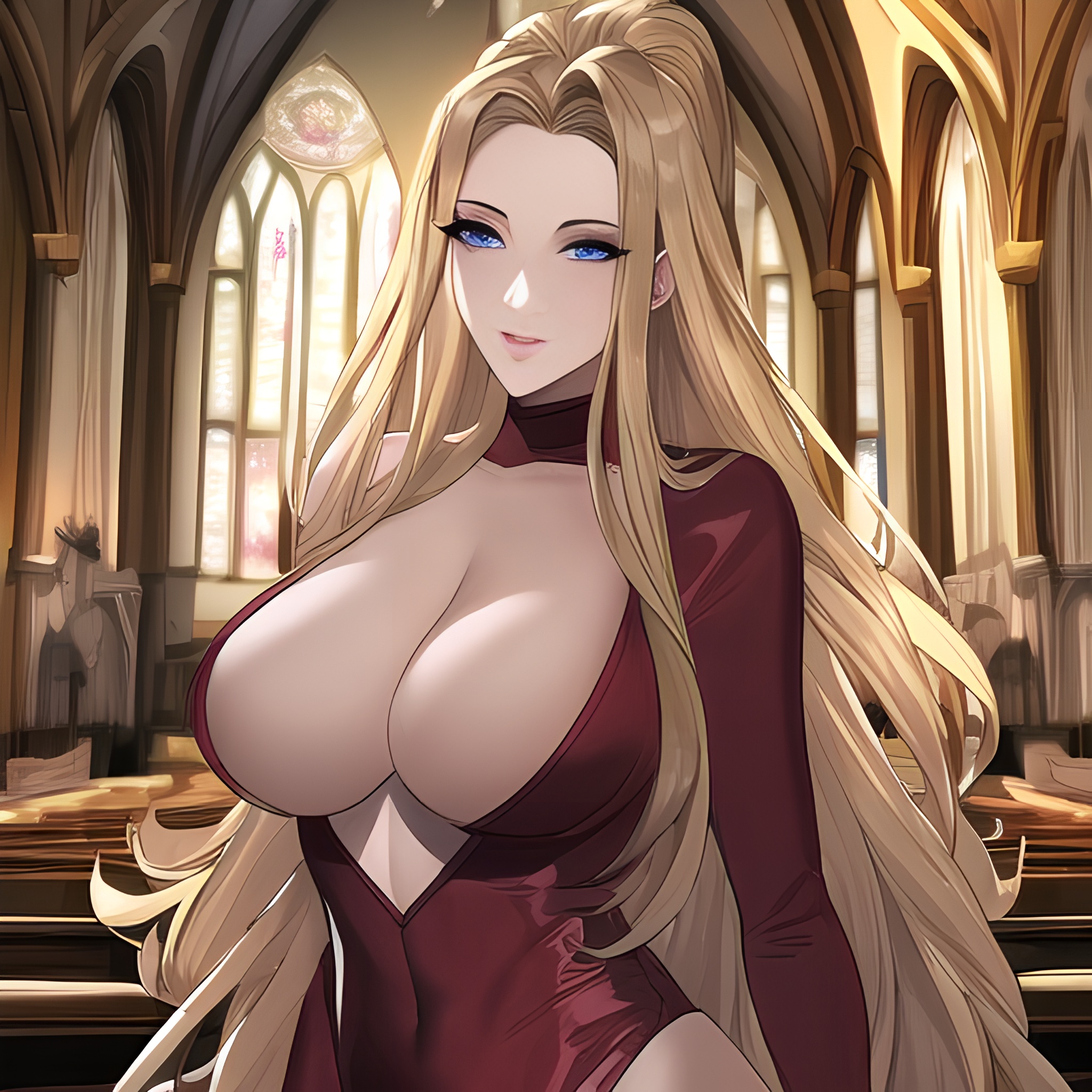 blonde fishnet small boobs long hair front view church nude woman 