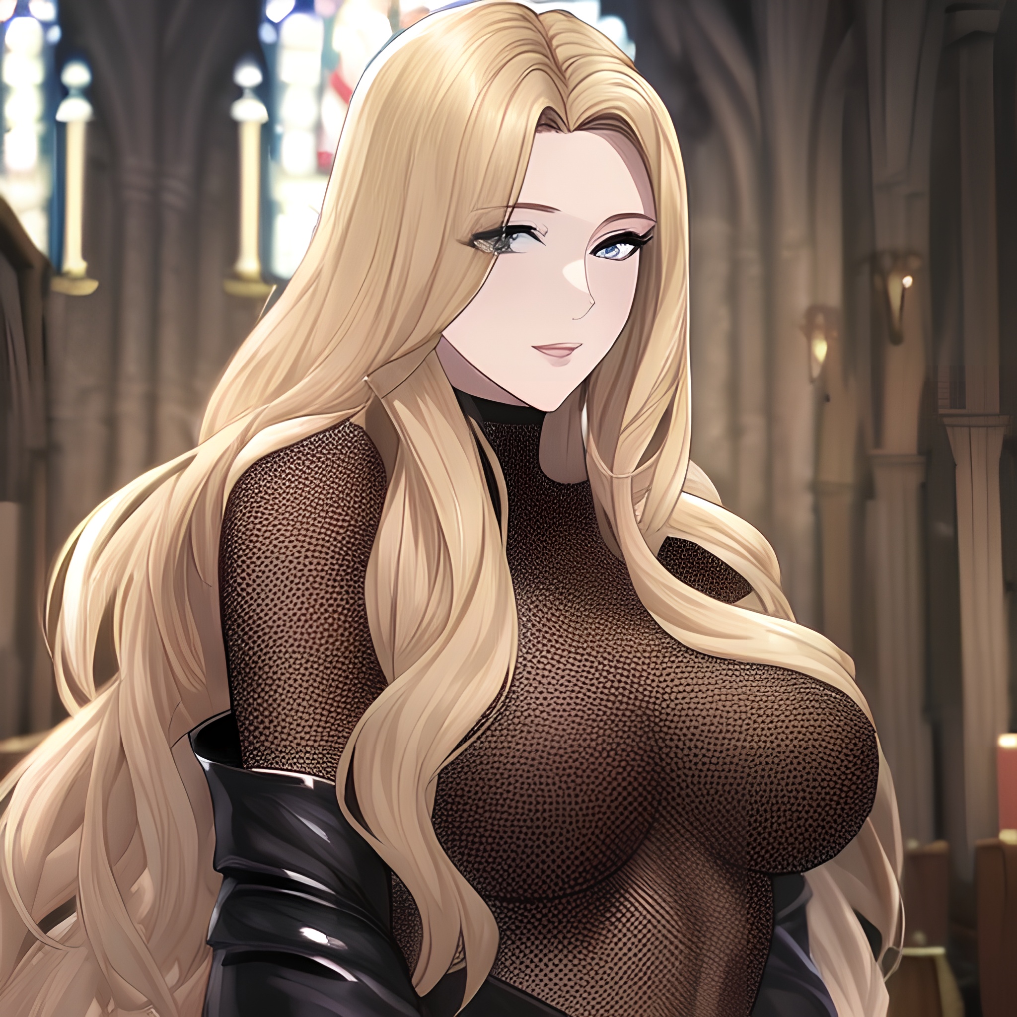 blonde fishnet small boobs nude woman church long hair front view 