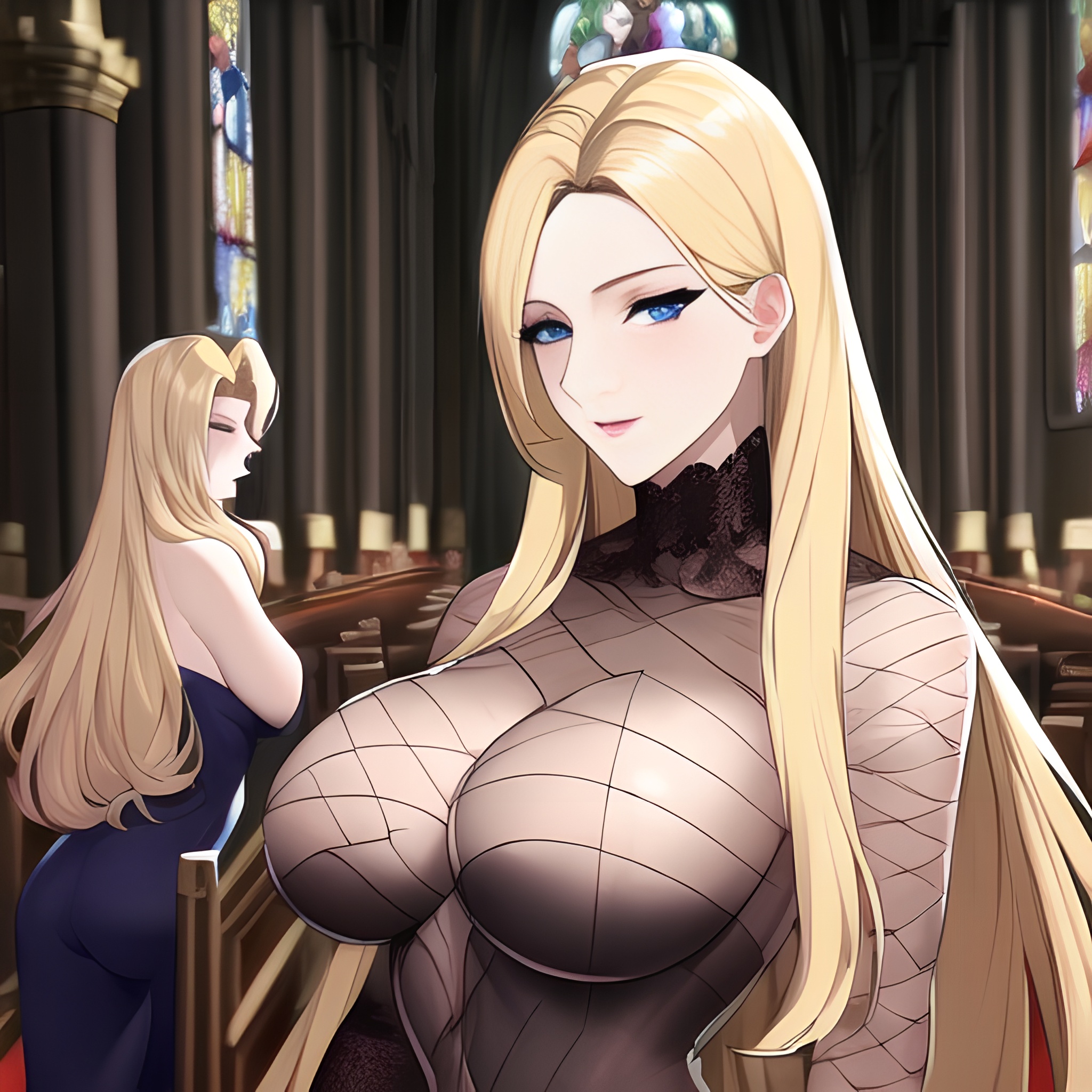 blonde front view church small boobs long hair fishnet woman nude 