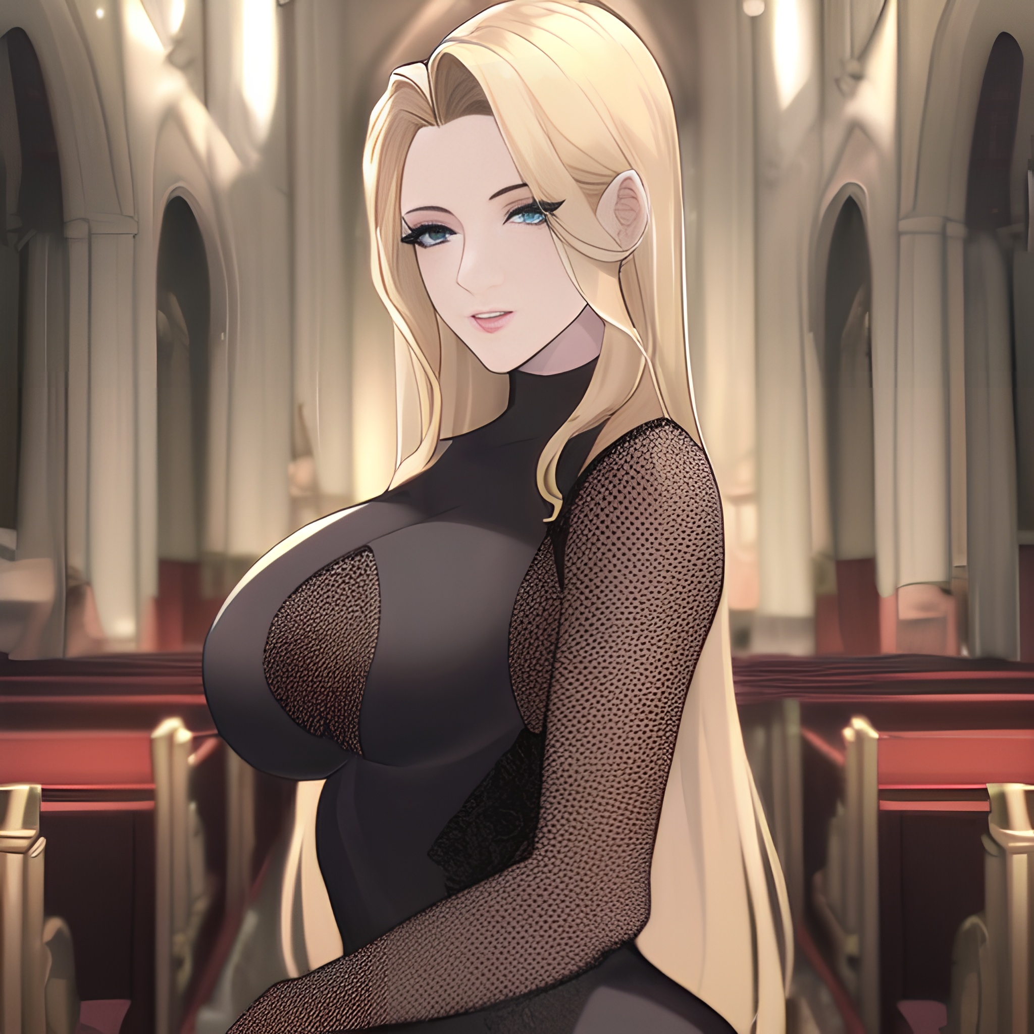 blonde front view church small boobs long hair nude fishnet woman