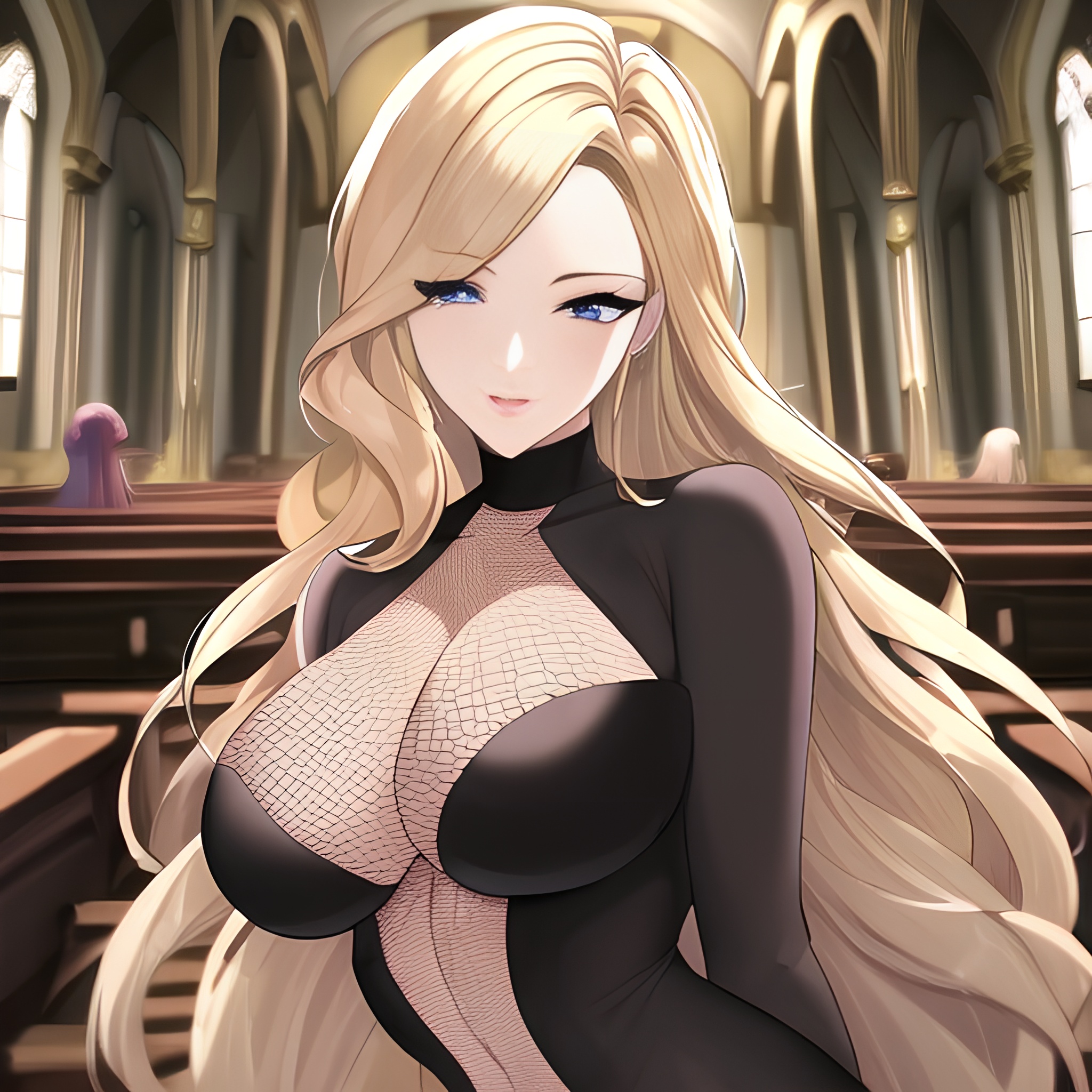 blonde front view fishnet church long hair small boobs nude woman 